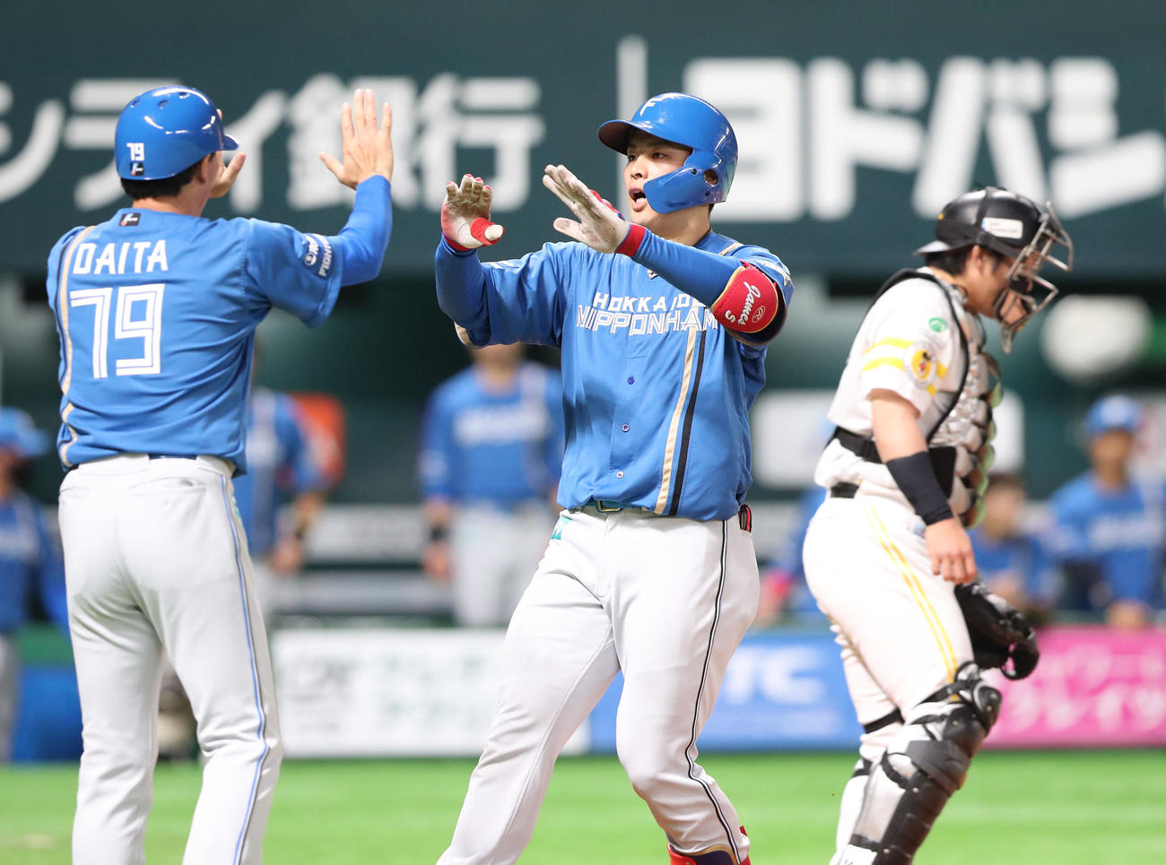 ソフトバンク対日本ハム　2回表日本ハム無死、野村（中央）は左越えに先制本塁打を放ち生還（撮影・梅根麻紀）