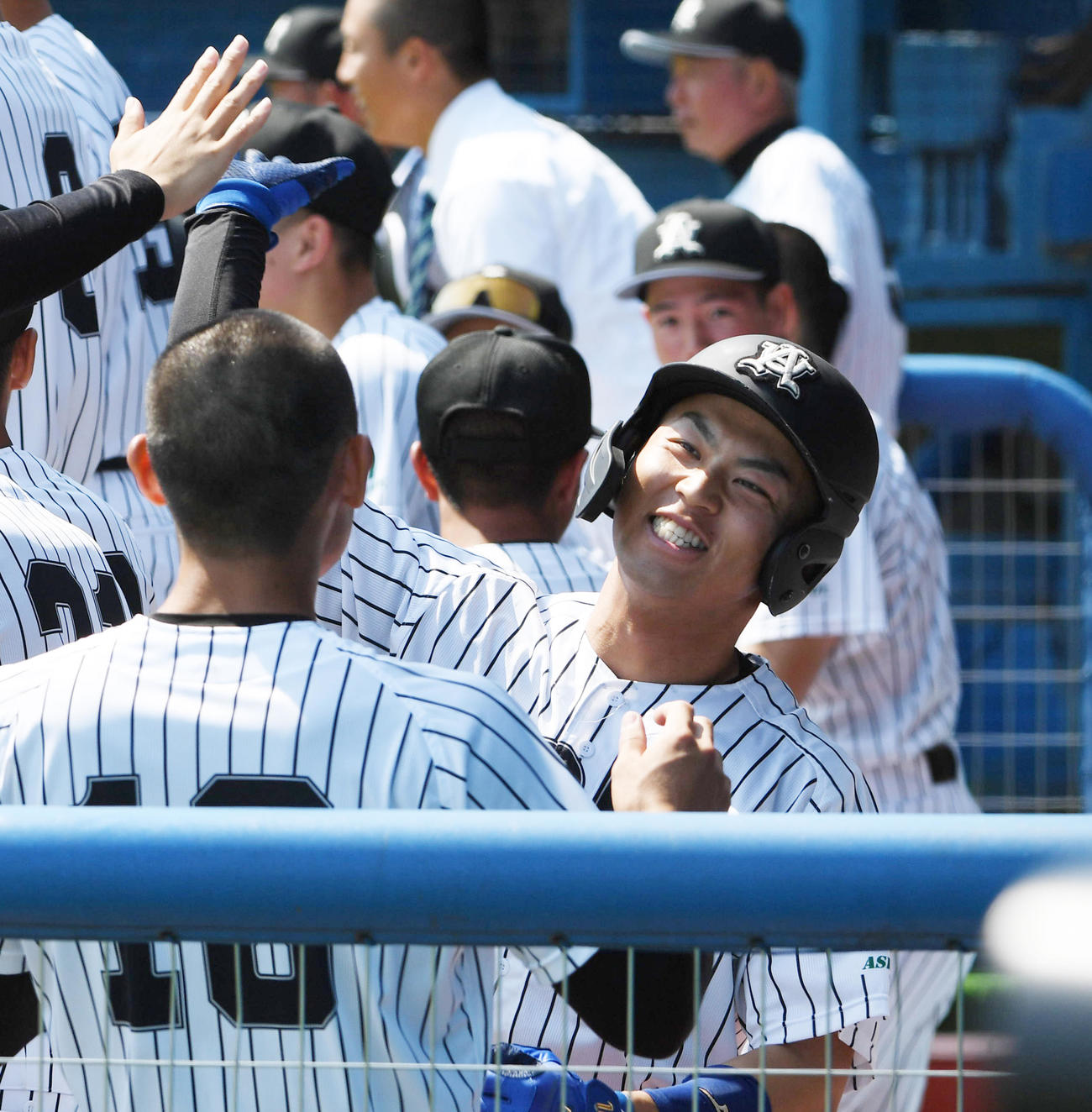 亜大対駒大　2回表亜大無死、古山は右越えに本塁打を放ちナインとハイタッチする（撮影・柴田隆二）