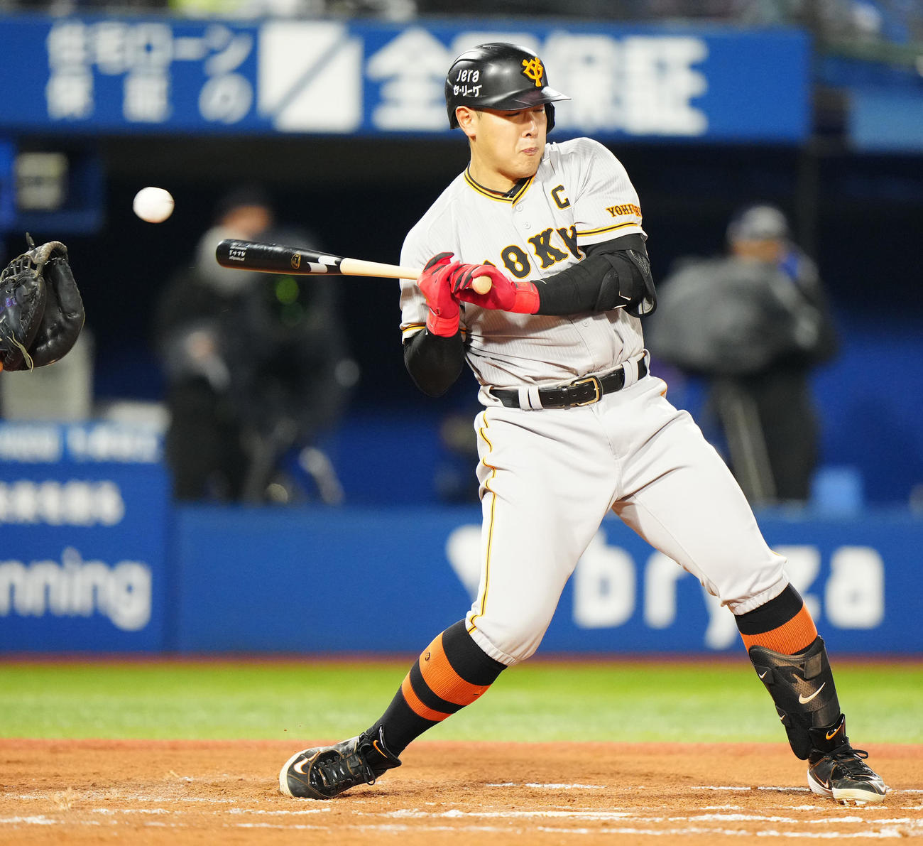 DeNA対巨人　7回表巨人1死二塁、死球を受ける岡本和（撮影・江口和貴）