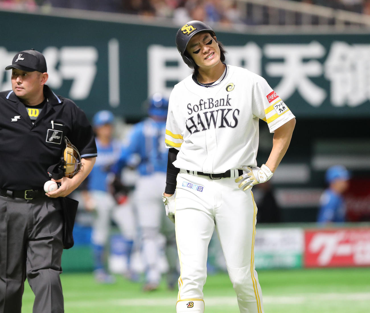 ソフトバンク対日本ハム　1回裏ソフトバンク2死二塁、柳田は見逃しの三振（撮影・梅根麻紀）
