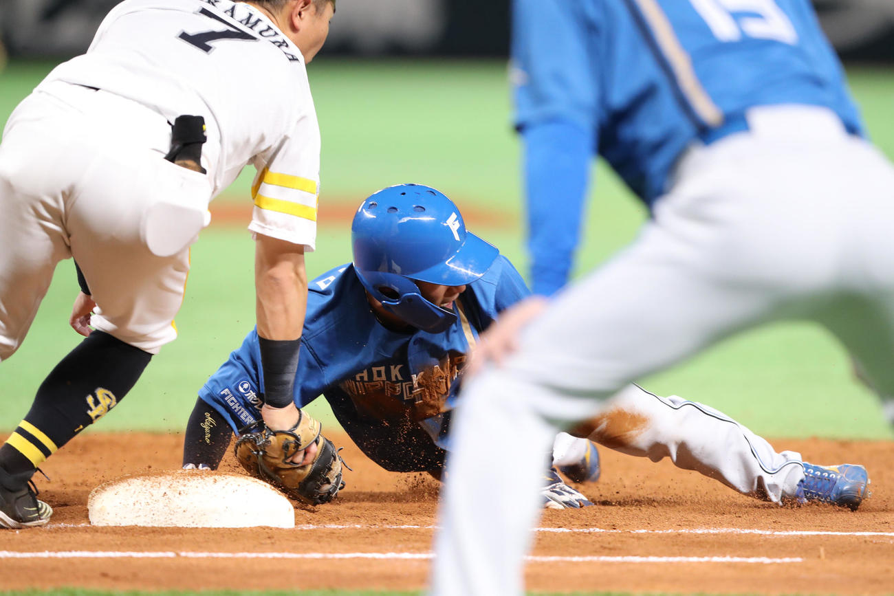 5回表日本ハム無死一塁、打者・矢沢のとき一塁へ送球し一塁走者の水野をアウトにする甲斐捕手（撮影・梅根麻紀）
