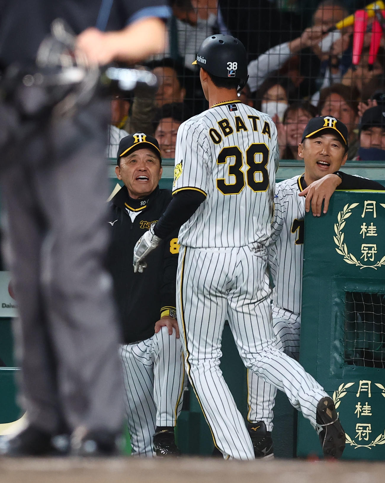 阪神対ヤクルト　8回裏阪神1死二、三塁、糸原の遊ゴロ野選で生還した小幡竜平を迎える岡田監督（左）（撮影・藤尾明華）