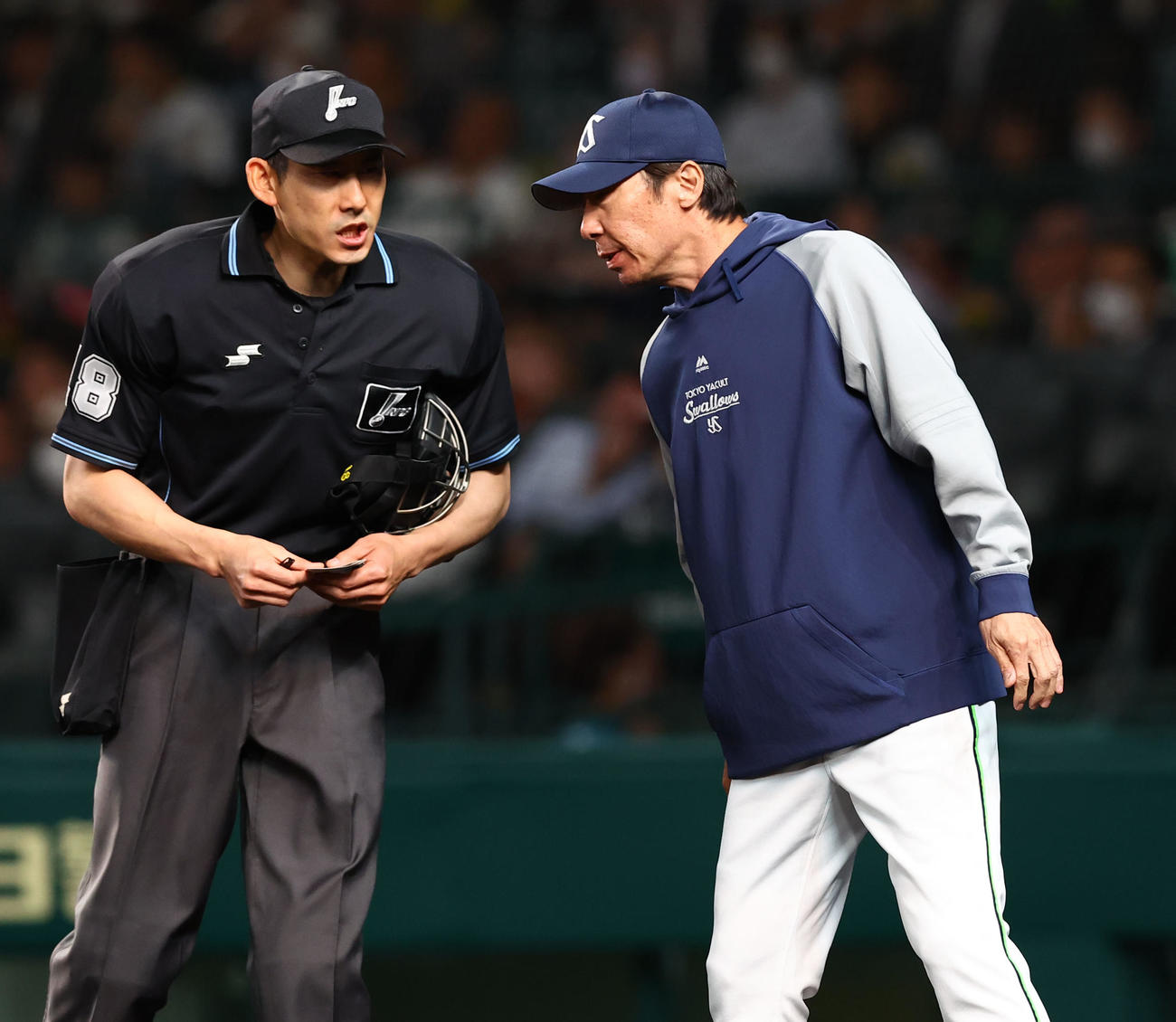 6回裏阪神、投手交代を告げるヤクルト高津監督（撮影・藤尾明華）