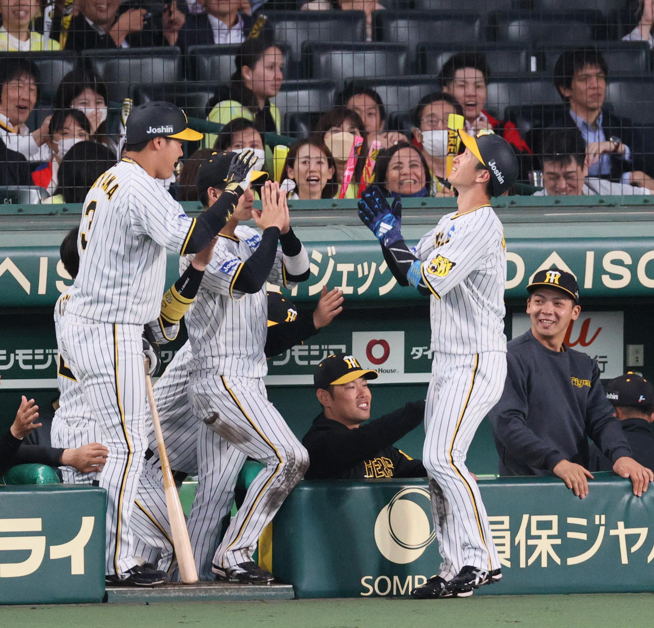 阪神対DeNA 2回裏阪神2死二塁、中野の中前適時打で生還した近本（手前右）はベンチ前で手を合わせて天を見上げる（撮影・上山淳一）
