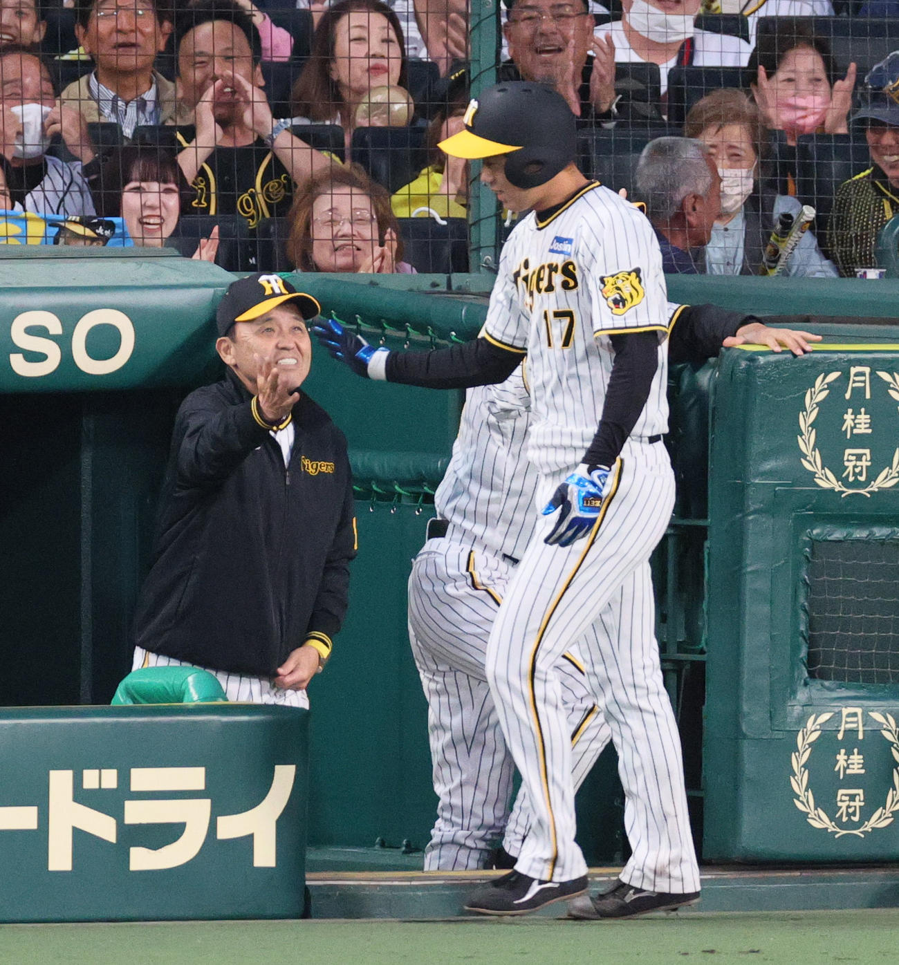 阪神対DeNA 2回裏阪神2死二塁、近本の左前適時打で生還した青柳（手前）を笑顔で迎える岡田監督（撮影・上山淳一）