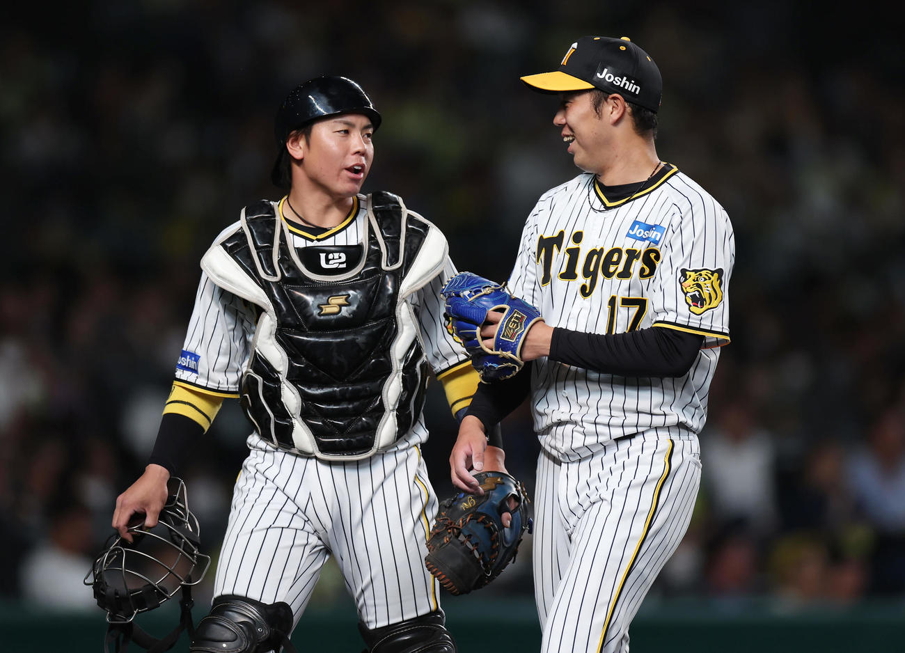 阪神対DeNA 5回表を投げ終え、阪神梅野（左）と笑顔で言葉を交わしながらベンチへ戻る青柳（撮影・前田充）