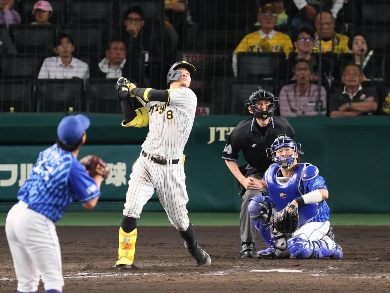 阪神対DeNA 3回裏阪神1死、左翼への大飛球を見送る佐藤輝（撮影・上山淳一）