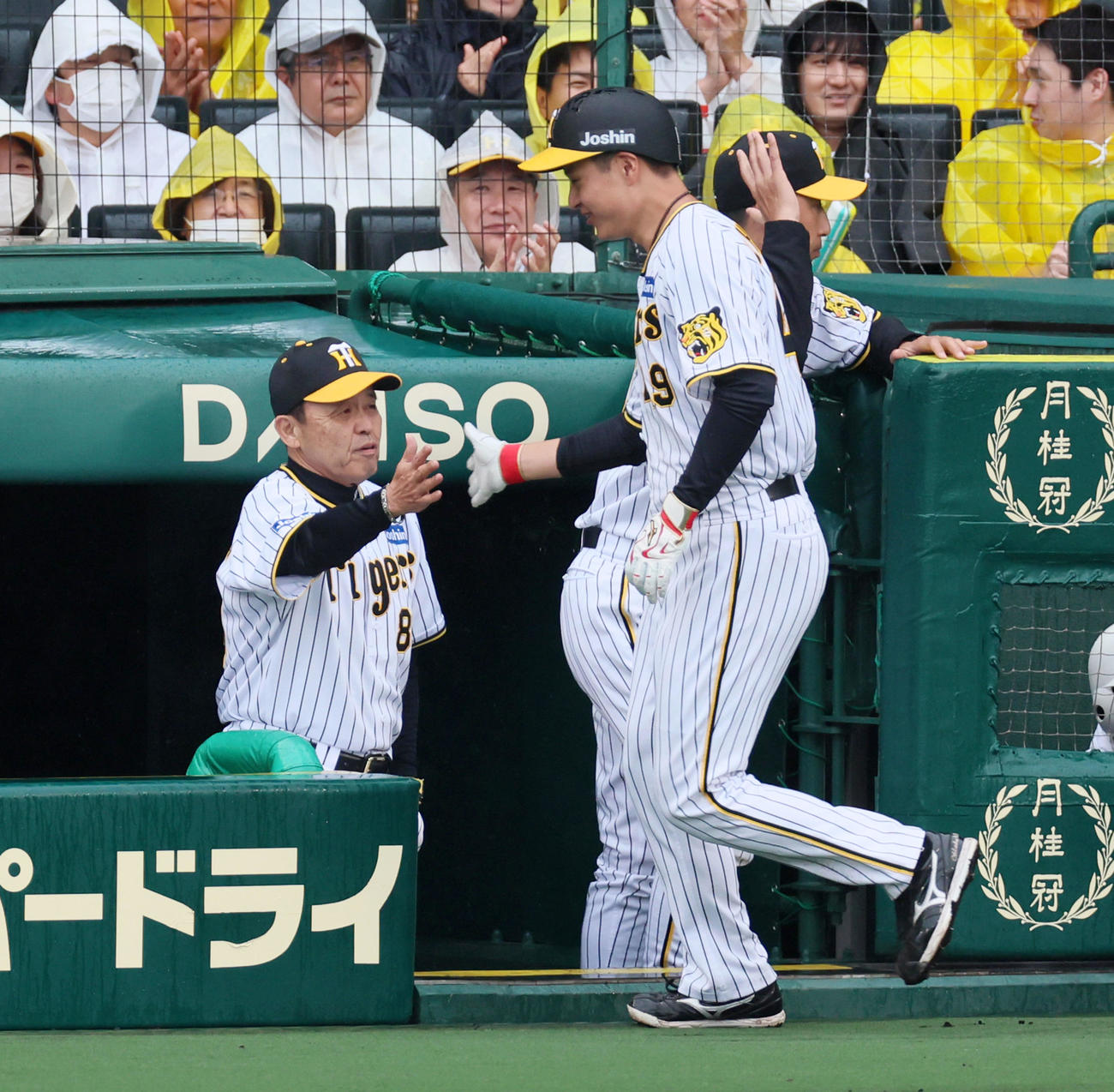 3回裏阪神無死満塁、三塁走者大竹はノイジーの中飛で生還し出迎える岡田監督（左）とタッチする（撮影・加藤哉）