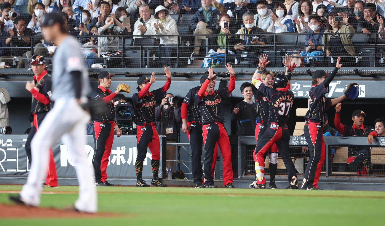 日本ハム対ロッテ　3回裏日本ハム2死一、三塁、左越え3点本塁打を放ちナインに出迎えられる江越（右から2人目）。左手前は打たれた森（撮影・佐藤翔太）