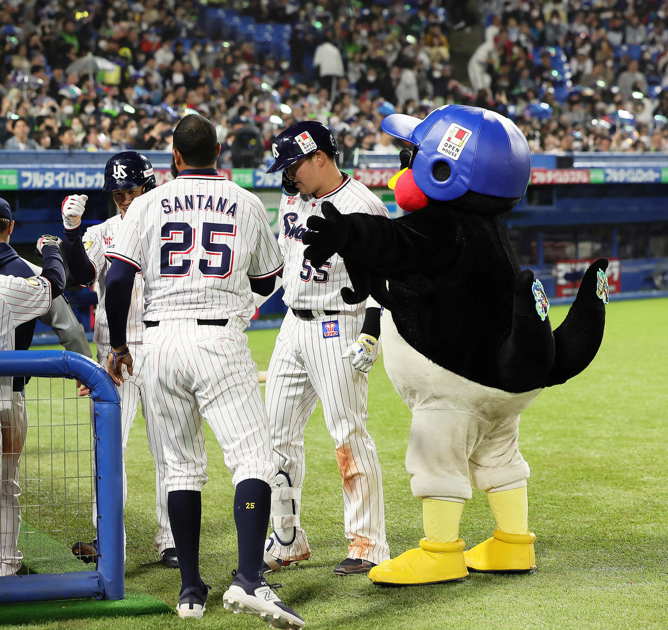 ヤクルト対中日　8回裏ヤクルト無死一塁、村上（中央）は右越え2点本塁打を放ちつば九郎らに迎えられる（撮影・足立雅史）