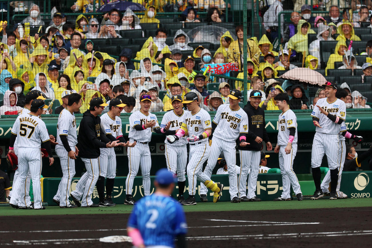 阪神対DeNA 1回裏阪神2死一、二塁、右越え3点本塁打を放った佐藤輝（中央）はポーズを決めながらベンチのナインと祝福しあう（撮影・加藤哉）