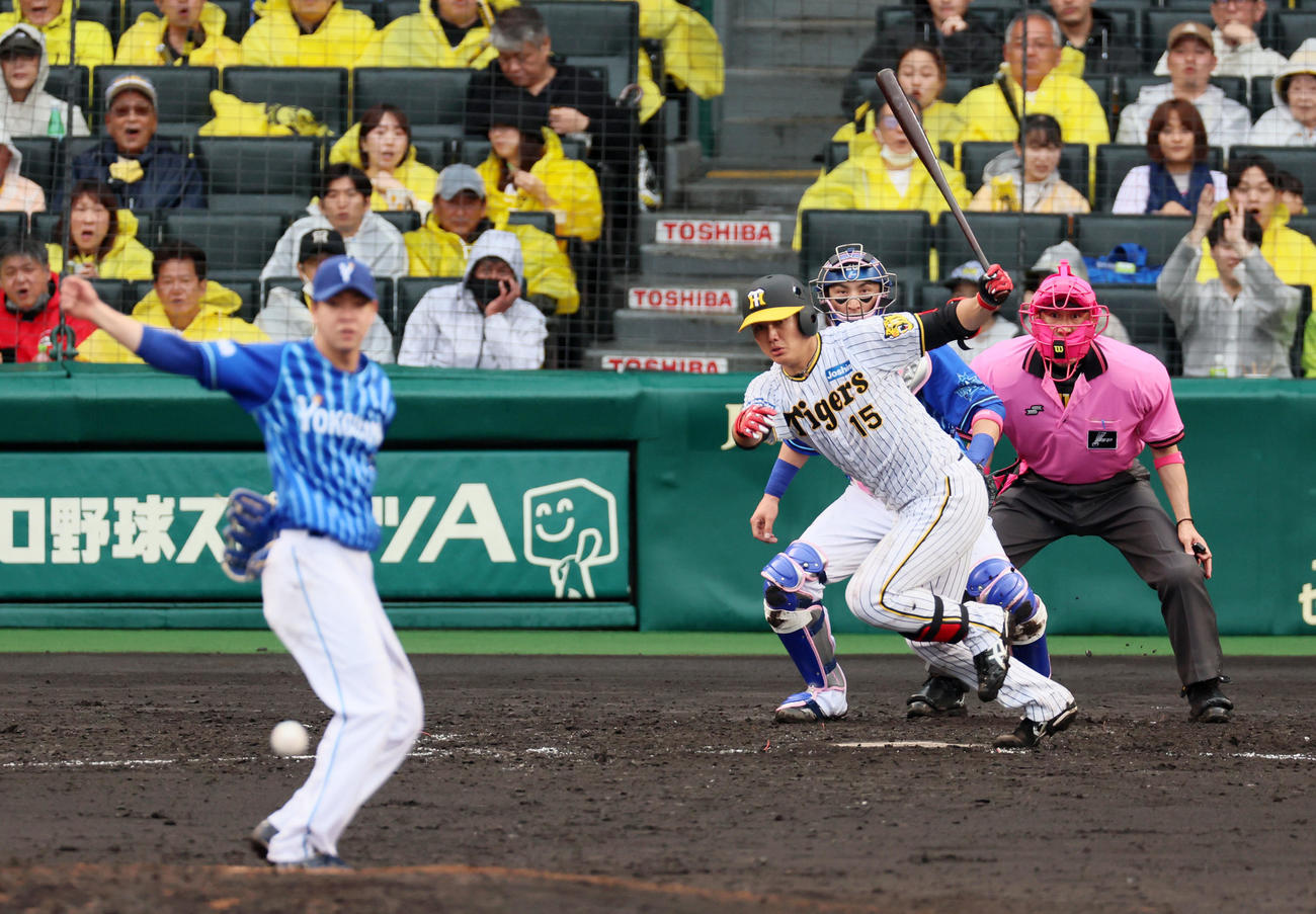 阪神対DeNA 4回裏阪神1死二塁、西純は中前打を放つ。投手は平良（撮影・加藤哉）