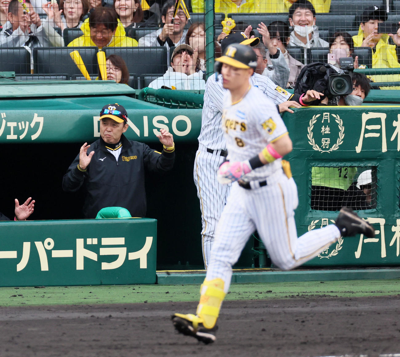 阪神対DeNA 4回裏阪神2死満塁、岡田監督は佐藤輝の右越え満塁本塁打に表情を崩す（撮影・加藤哉）