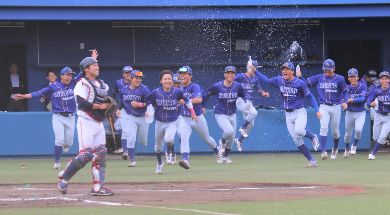 作新学院大対関東学園大　サヨナラ勝ちし喜ぶ関東学園大ナイン（撮影・星夏穂）