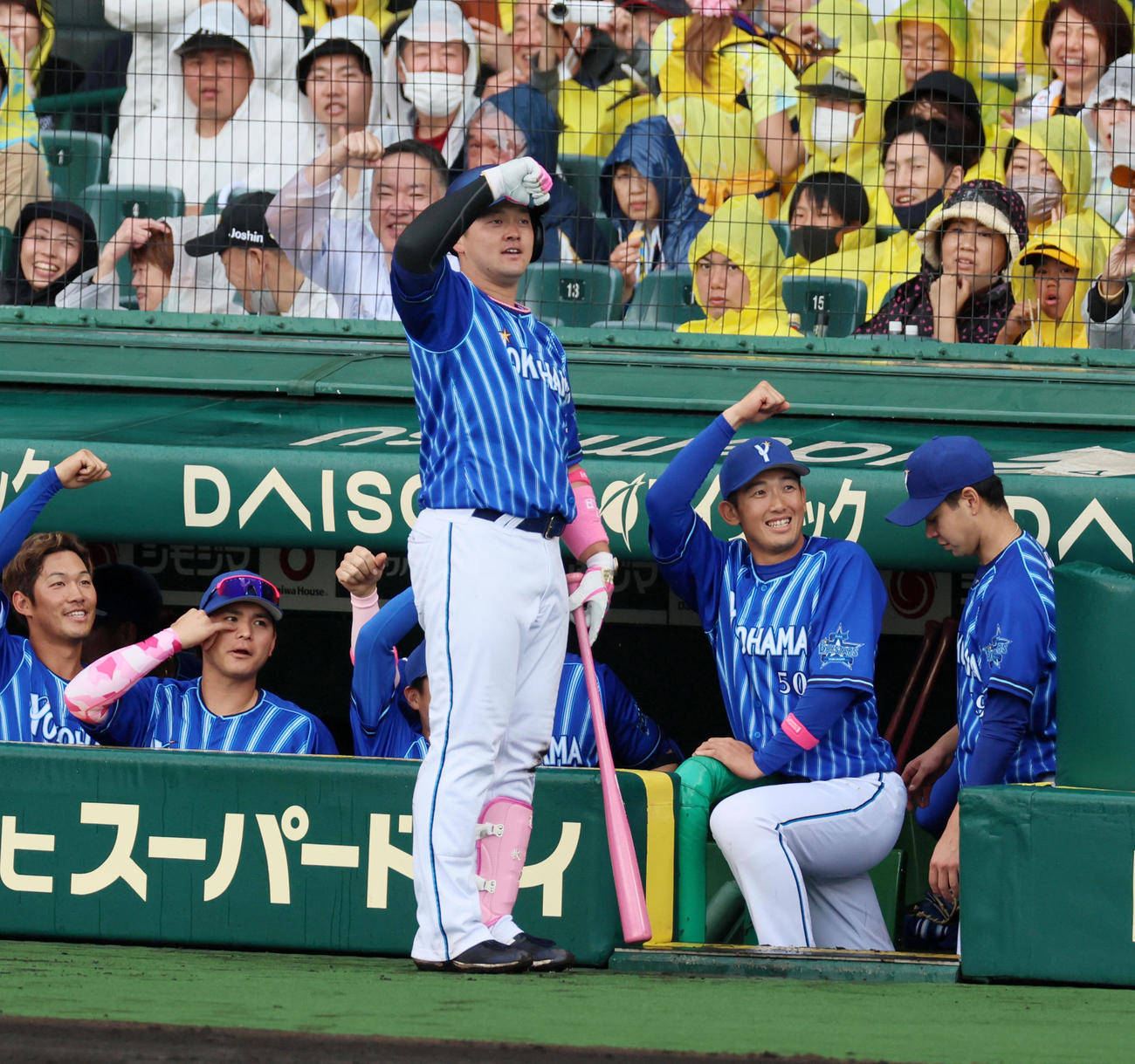 阪神対DeNA 3回表DeNA無死、牧は左中間越えソロ本塁打を放ちベンチ前でデスターシャを決める（撮影・加藤哉）
