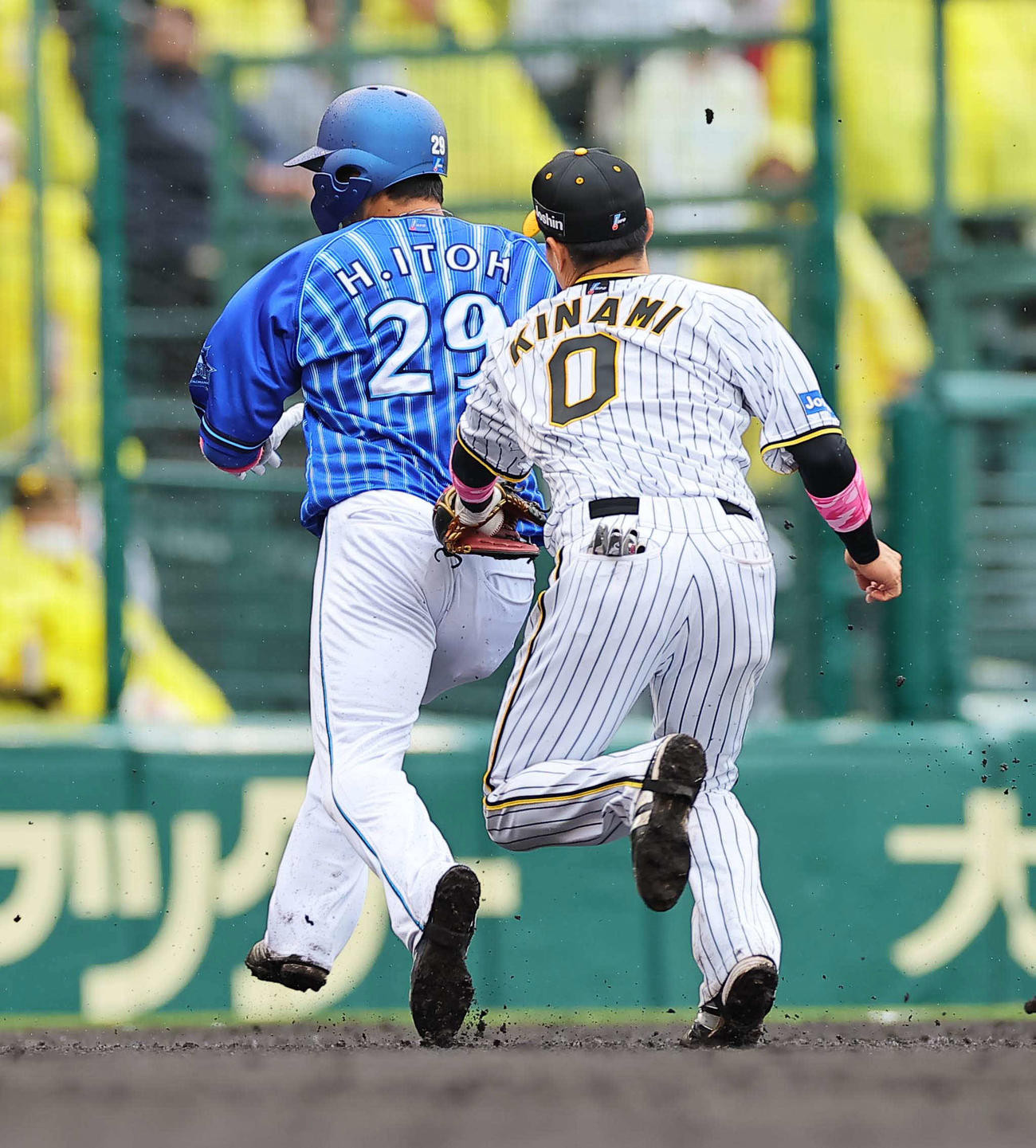 阪神対DeNA 4回表DeNA無死二塁、平良のバントで二、三塁間に挟まれる伊藤。遊撃手は木浪（撮影・上田博志）