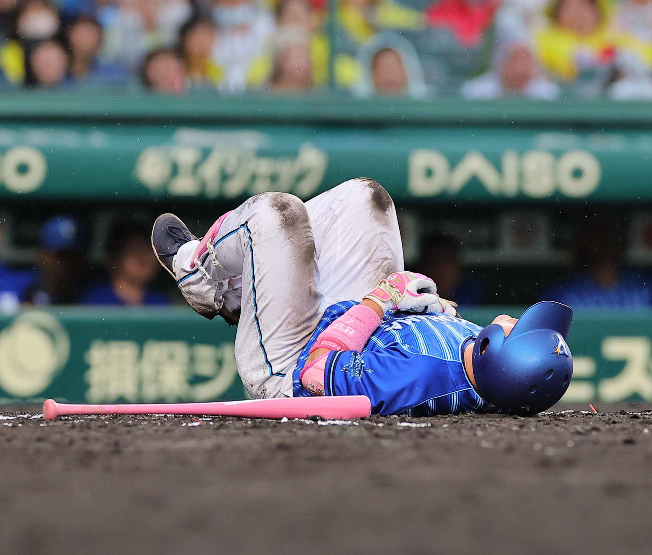 阪神対DeNA 7回表DeNA無死一塁、牧は死球を受ける（撮影・上田博志）