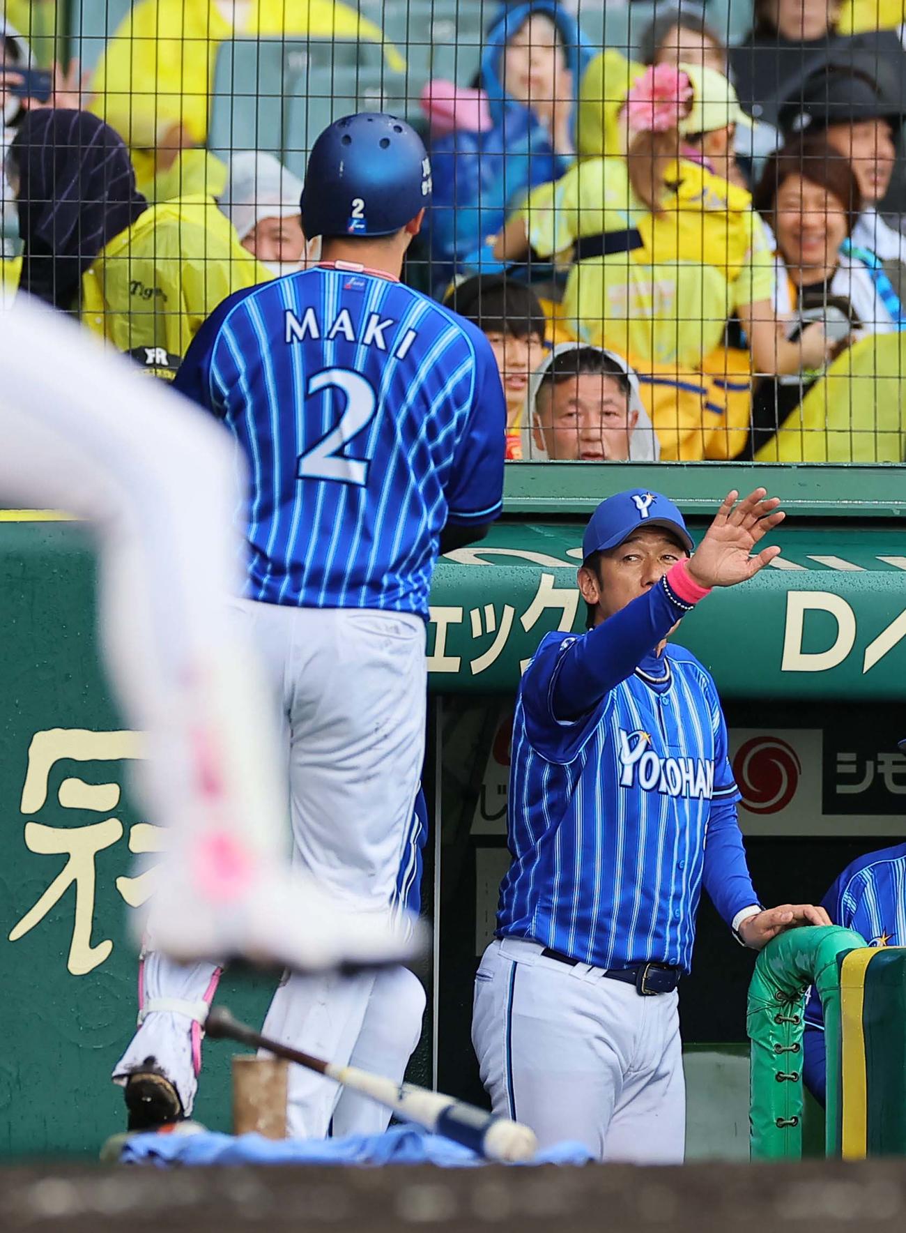 阪神対DeNA 3回表DeNA無死、左中間へソロ本塁打を放った牧をハイタッチで出迎える三浦監督（撮影・上田博志）