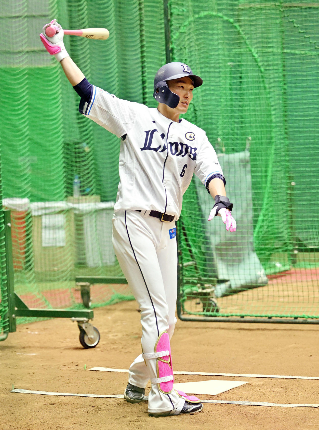 母の日にちなみピンク色の用具で調整に臨む西武源田（撮影・滝沢徹郎）