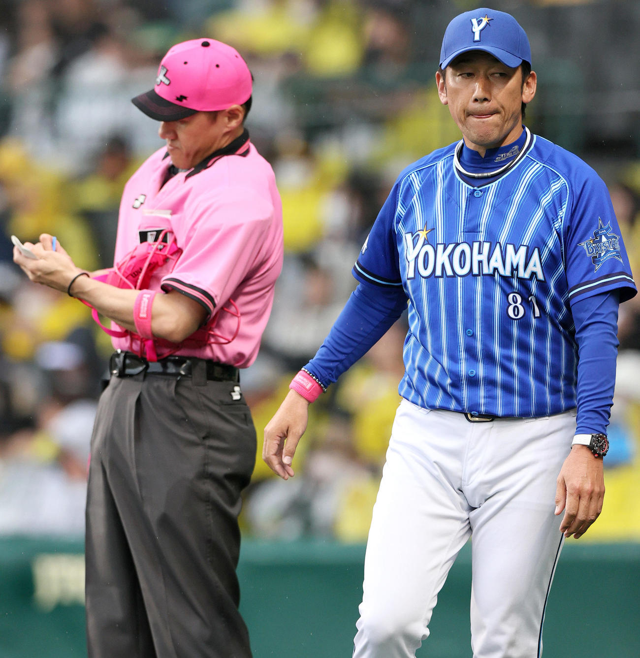 阪神対DeNA 7回表終了後、DeNA三浦監督は球審に選手交代を告げベンチへ戻る（撮影・上山淳一）