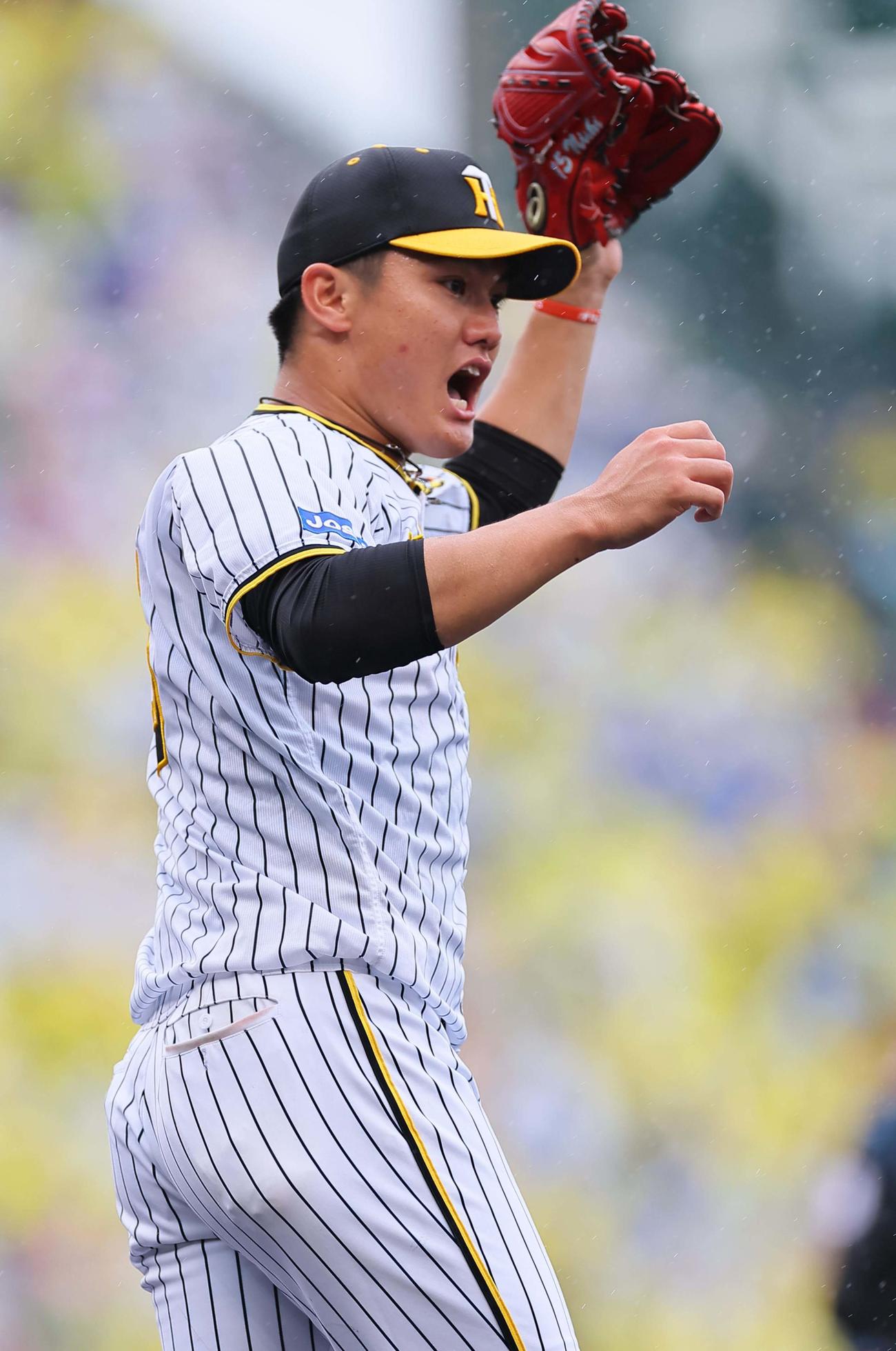阪神対DeNA 2回表DeNA2死満塁、西純は佐野を一ゴロに打ち取り雄たけびを上げる（撮影・上田博志）