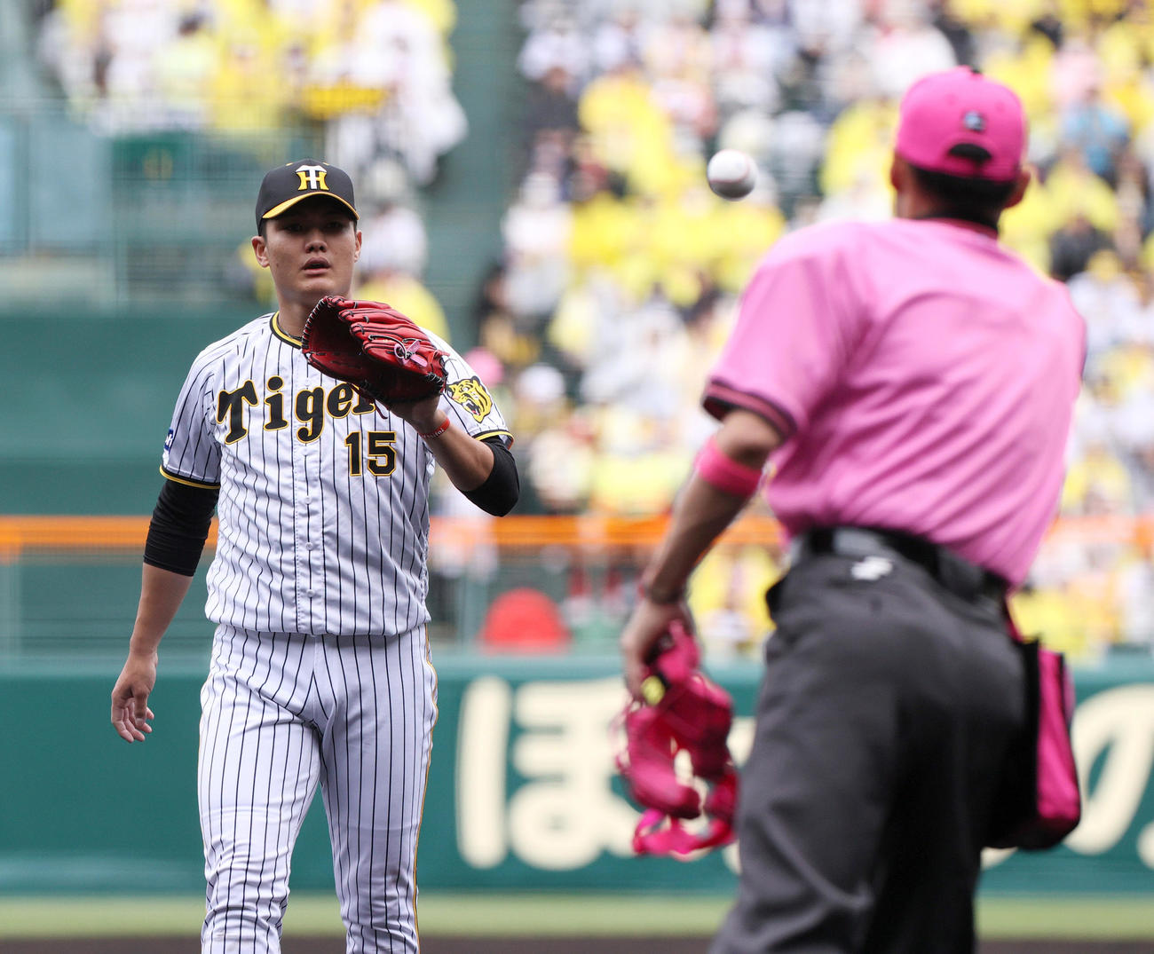 阪神対DeNA　球審からボールを受け取る阪神先発の西純（撮影・上山淳一）