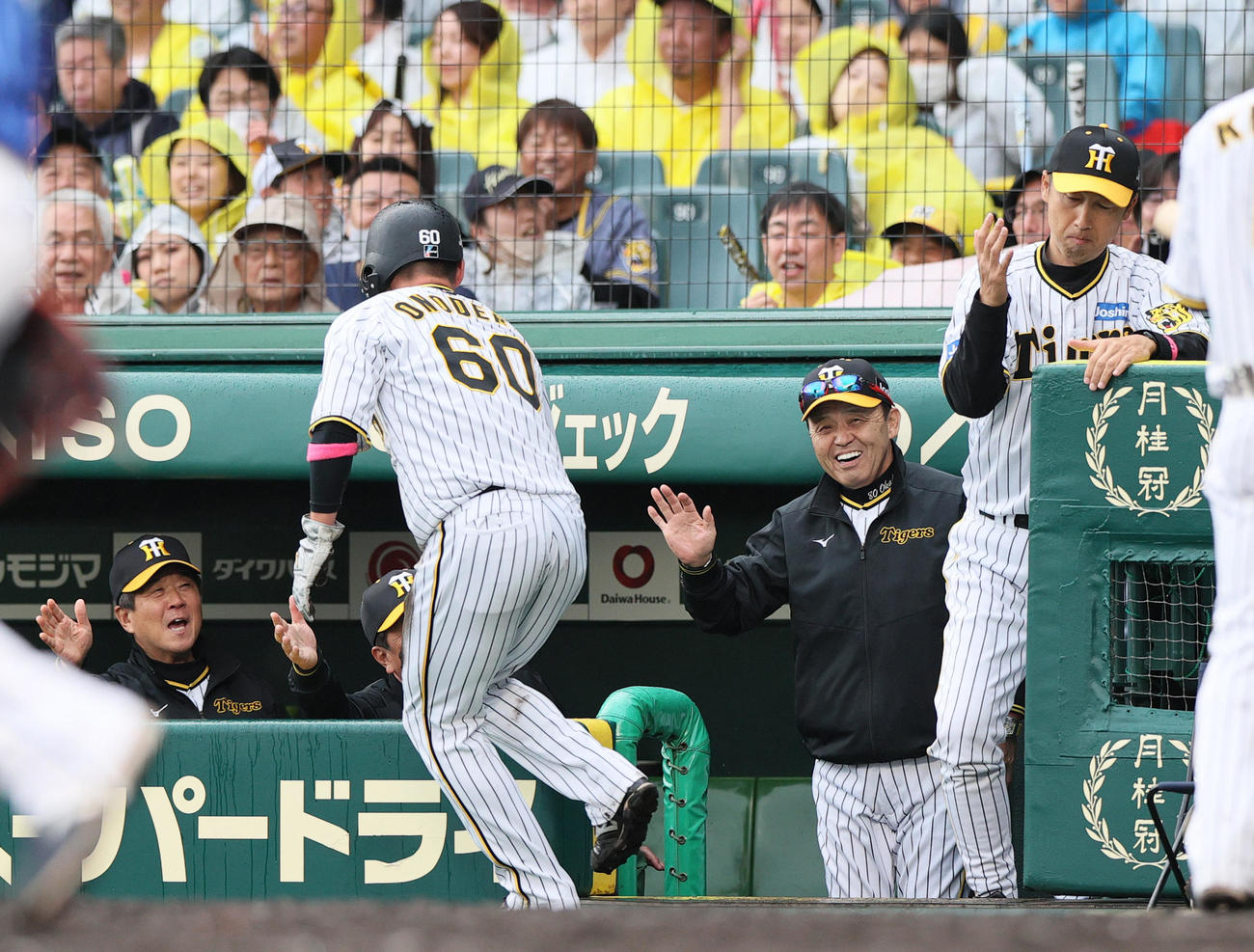 阪神対DeNA 7回裏阪神1死満塁、岡田監督（右から2人目）は梅野の右犠飛で生還した小野寺（手前）を笑顔で迎える（撮影・上山淳一）