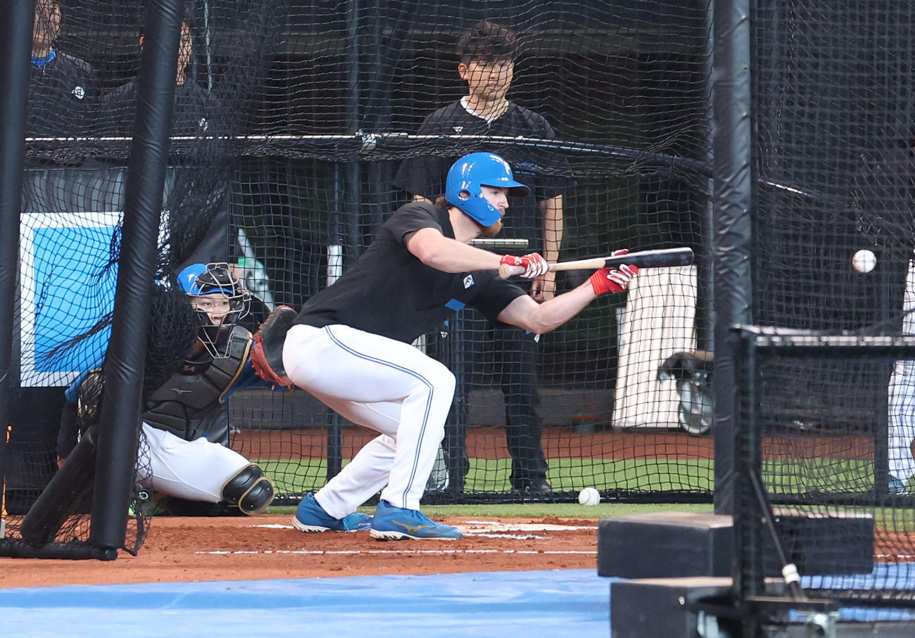 日本ハム対西武　試合前、バント練習をするメネズ（撮影・佐藤翔太）