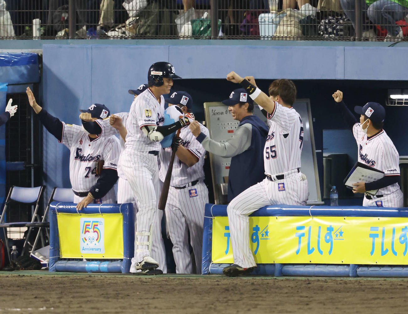 ヤクルト対巨人　5回裏ヤクルト1死一、二塁、同点の右越え3点本塁打を放ち、高津監督（右から3人目）と村上（同2人目）らに笑顔で迎えられる代打川端（左から2人目）（撮影・宮地輝）
