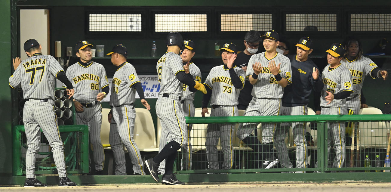 中日対阪神　5回表阪神1死一、三塁、木浪の右前適時打で生還した佐藤輝を迎える岡田監督（左から2人目）ら阪神ナイン（撮影・森本幸一）