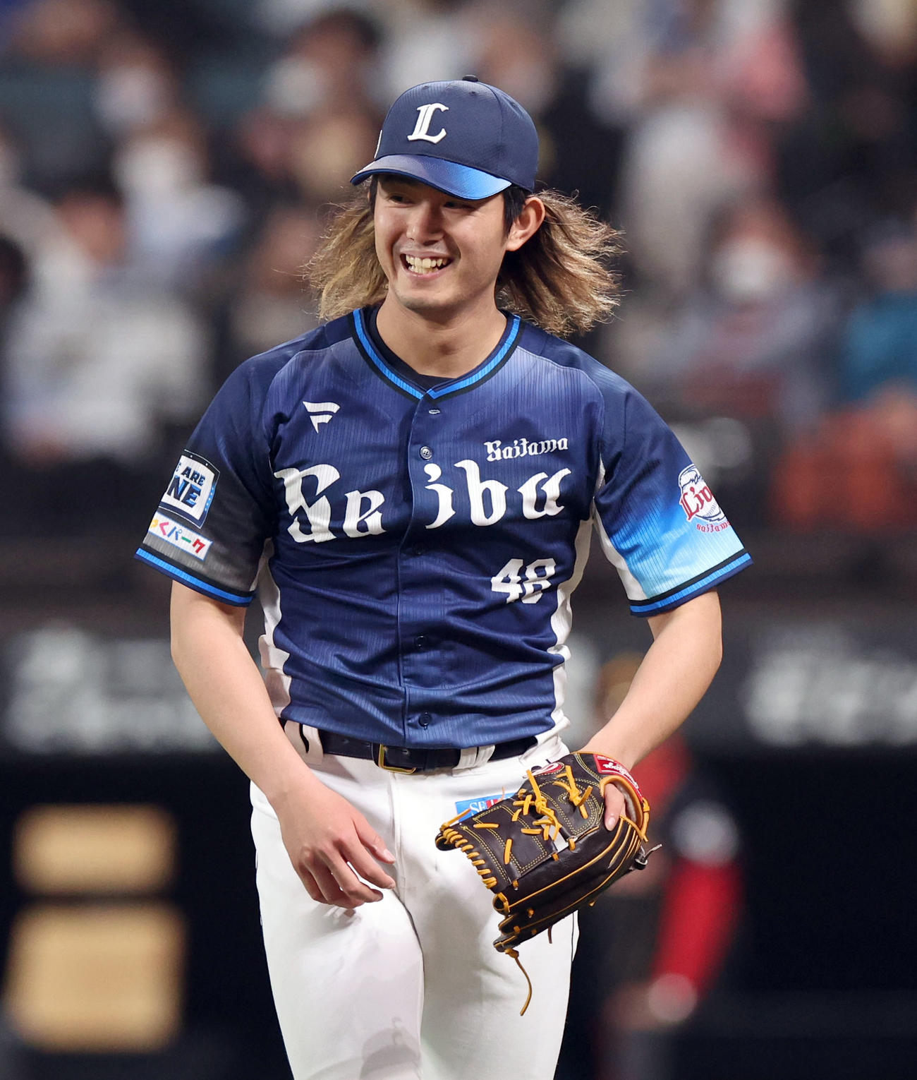 日本ハム対西武　5回裏を無失点に抑え笑顔を見せる今井（撮影・佐藤翔太）