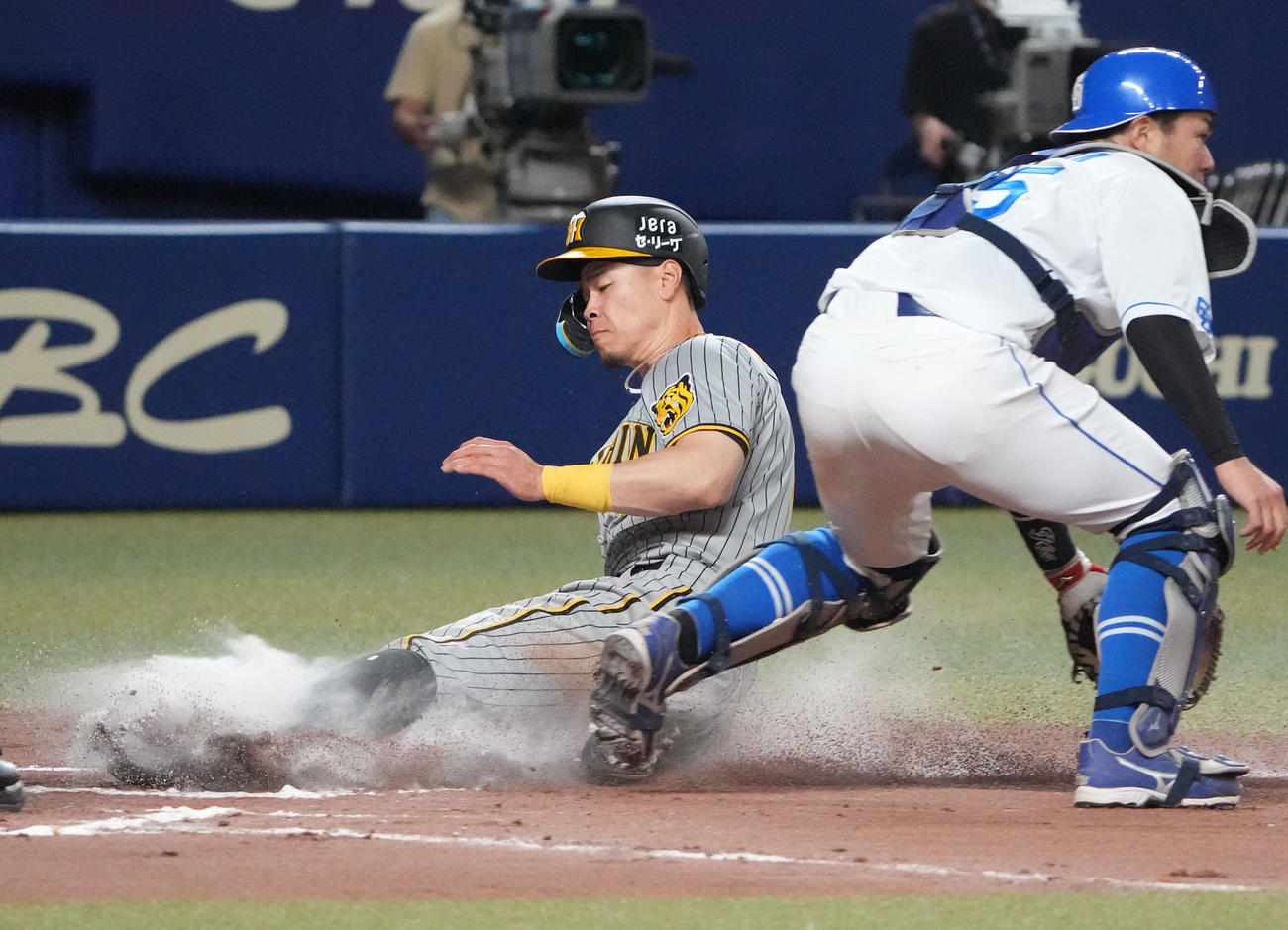 6回表阪神1死一、三塁、木浪の中犠飛で生還する佐藤輝（左）、捕手は木下（撮影・森本幸一）