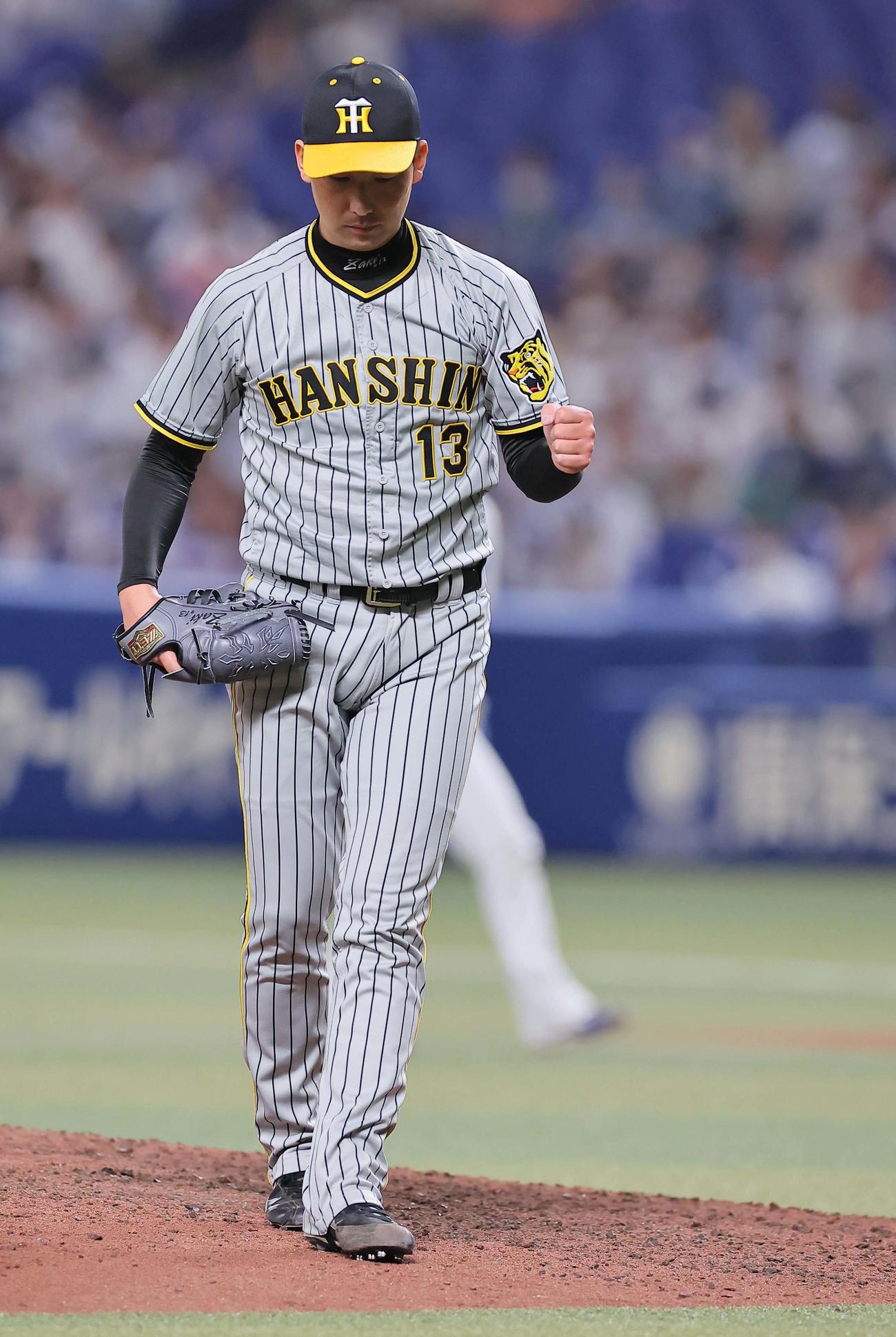 中日対阪神　中日に勝利しガッツポーズをする岩崎（撮影・上田博志）