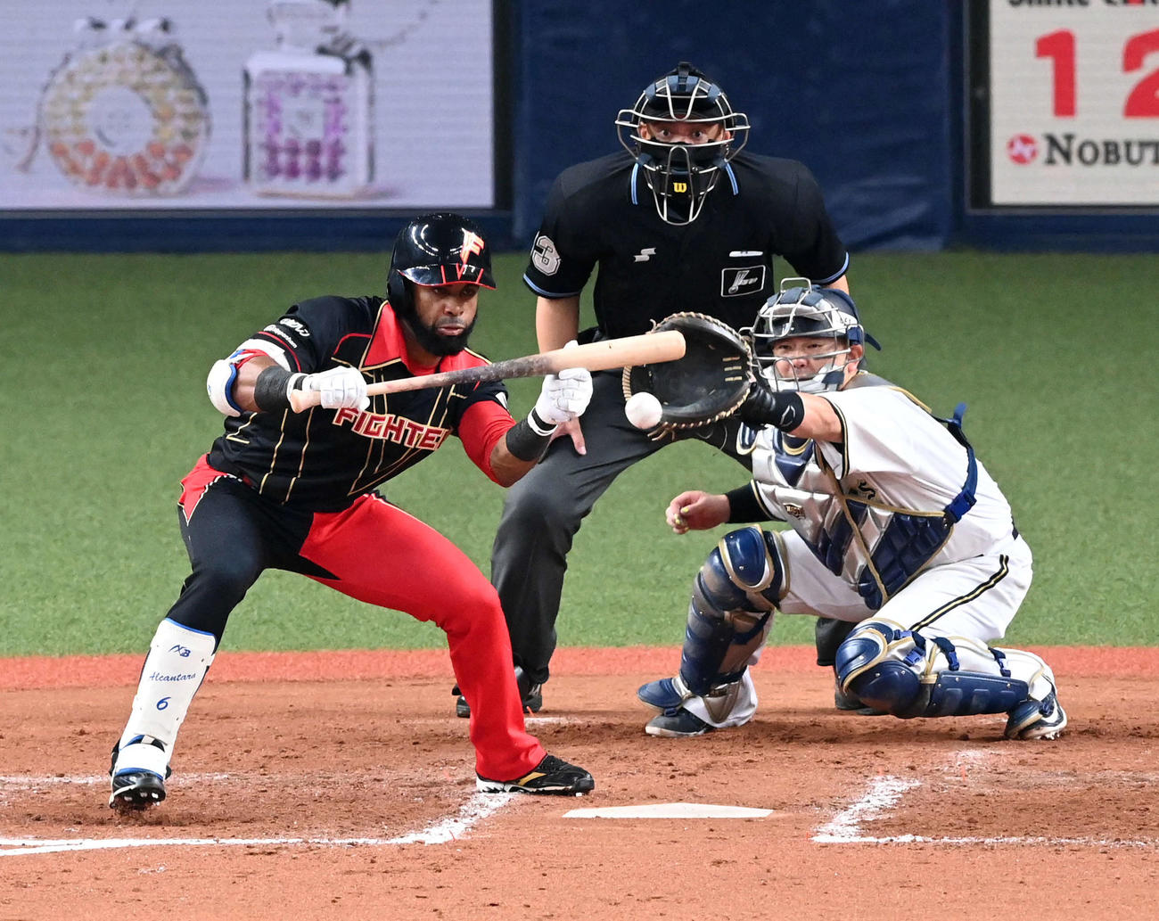 オリックス対日本ハム　8回表日本ハム無死一塁、アルカンタラは三塁へバント安打を決める（撮影・前岡正明）