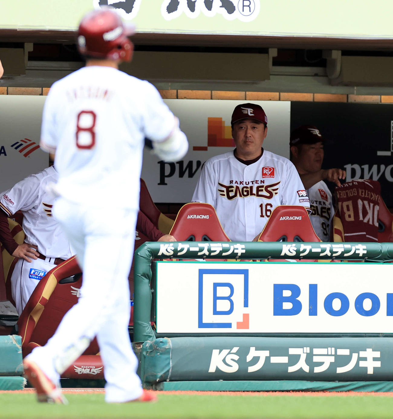 楽天対ロッテ　4回裏楽天無死一、二塁、併殺に倒れた辰己（手前）を厳しい表情で見つめる石井監督（撮影・浅見桂子）