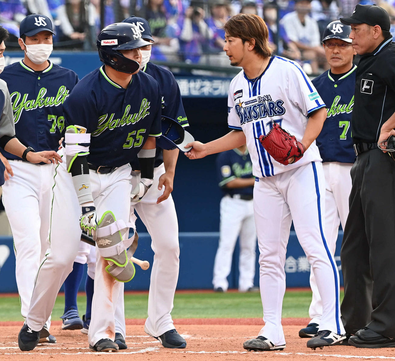 DeNA対ヤクルト　10回表ヤクルト1死一、三塁、死球を受けた村上（左）はその場で三嶋から謝罪される（撮影・山崎安昭）