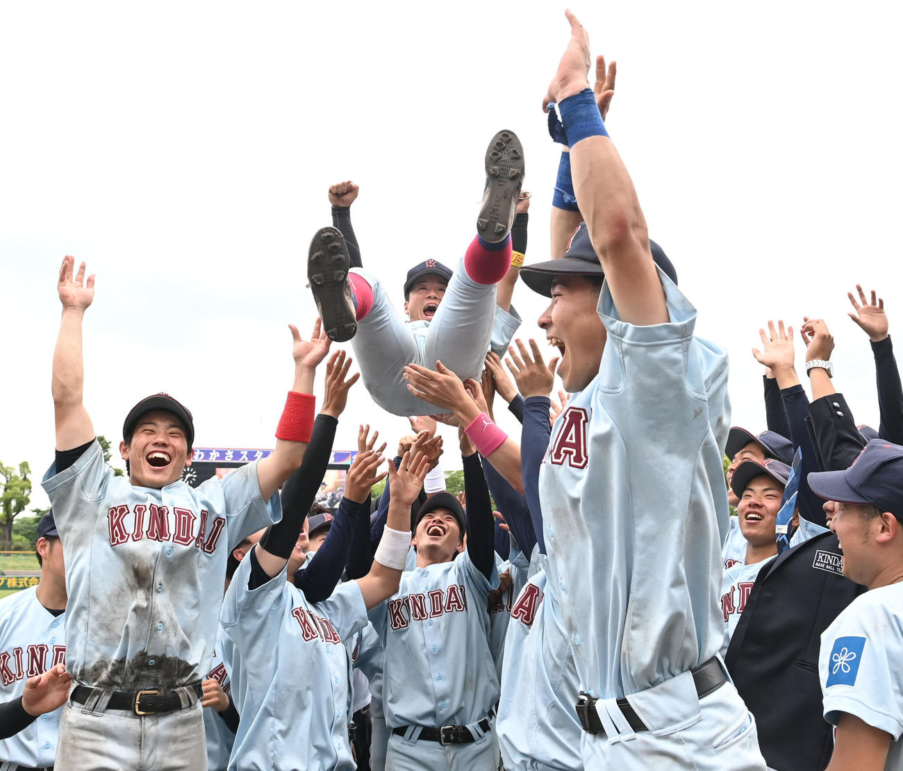近大対関大　ナインから胴上げされる近大・坂下主将（撮影・和賀正仁）