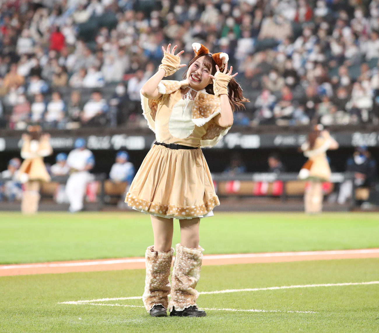 日本ハム対ソフトバンク　新コスチュームで「きつねダンス」を踊るファイターズガールの上村優菜さん（撮影・佐藤翔太）
