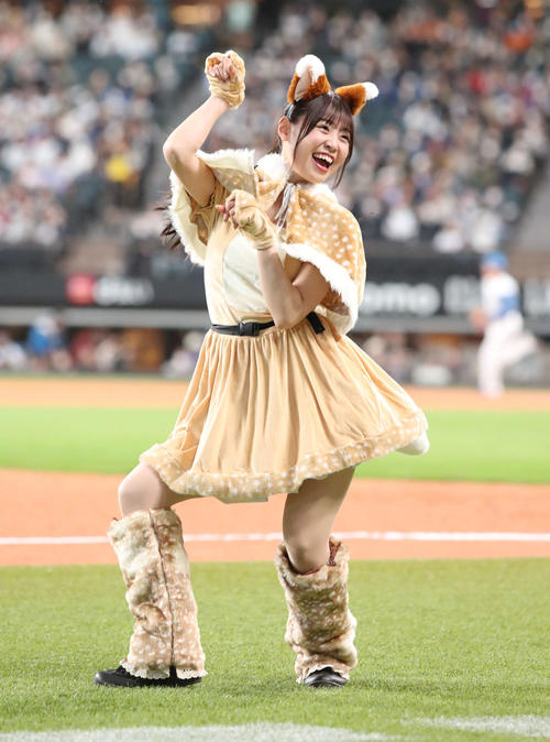 日本ハム対ソフトバンク 新コスチュームで「きつねダンス」を踊るファイターズガールの竹市琴美さん(撮影・佐藤翔太)