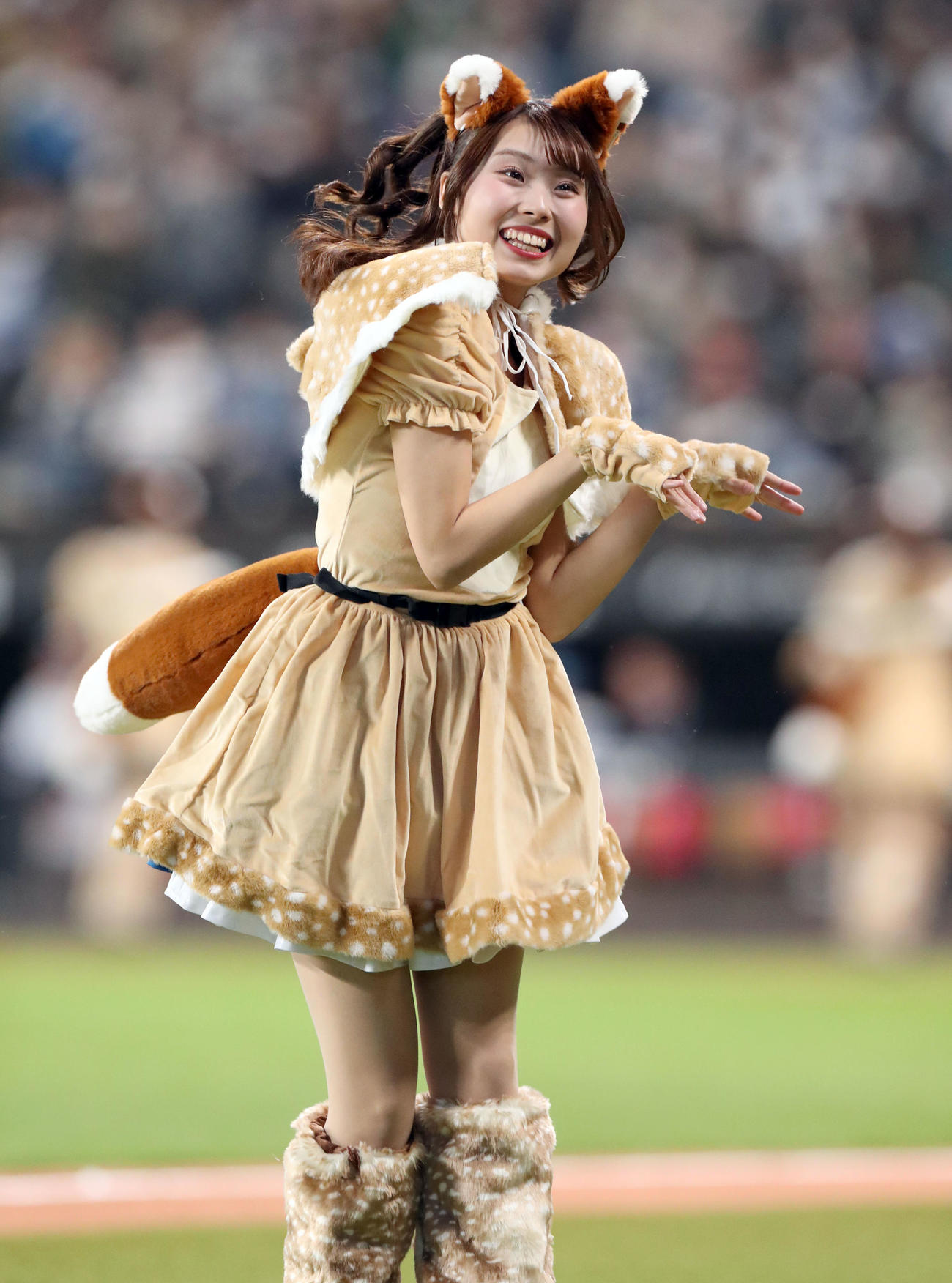 日本ハム対ソフトバンク　新コスチュームで「きつねダンス」を踊るファイターズガール（撮影・佐藤翔太）