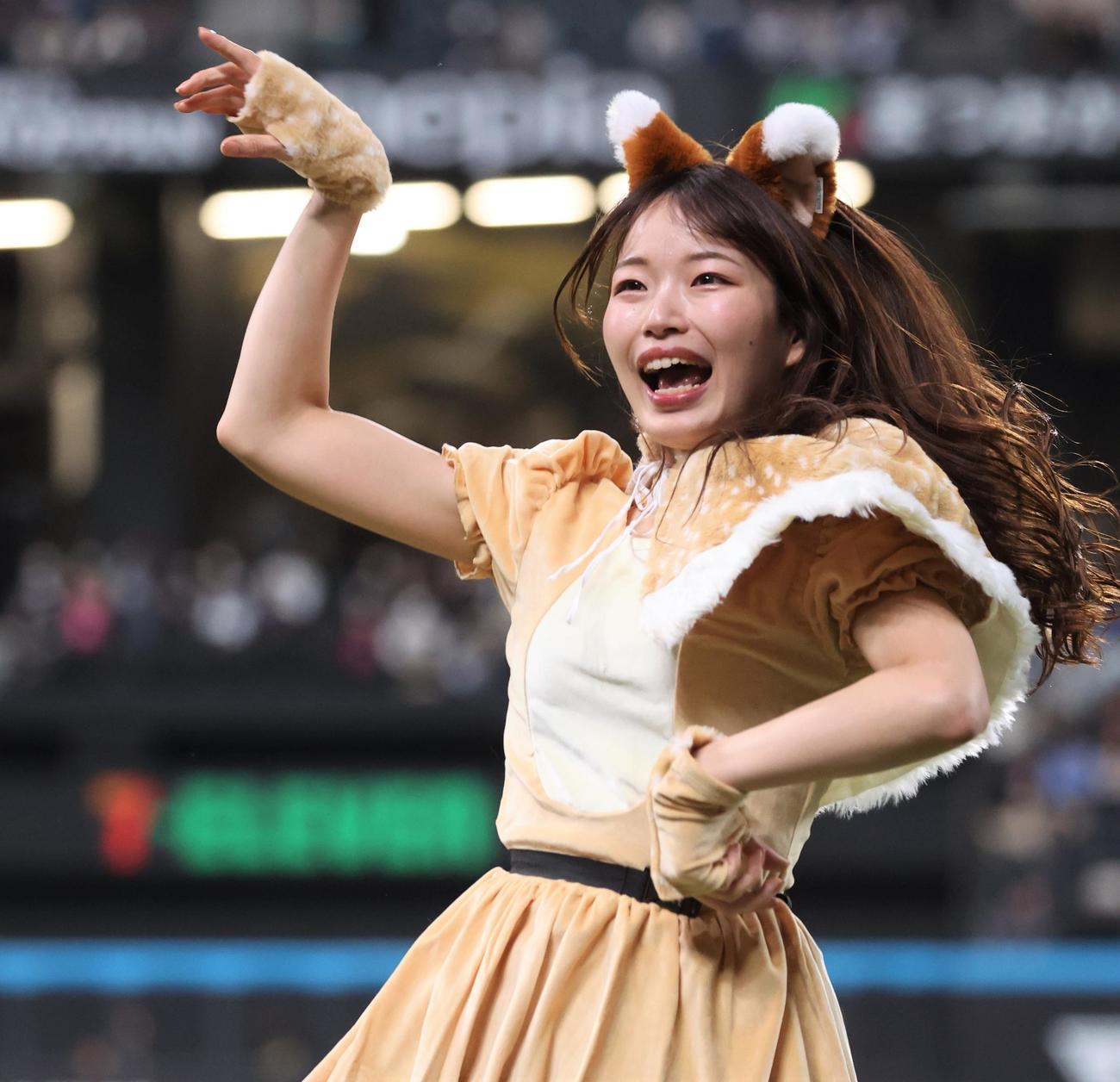 日本ハム対ソフトバンク　きつねダンスを踊るファイターズガールの辻菜穂子さん（撮影・黒川智章）
