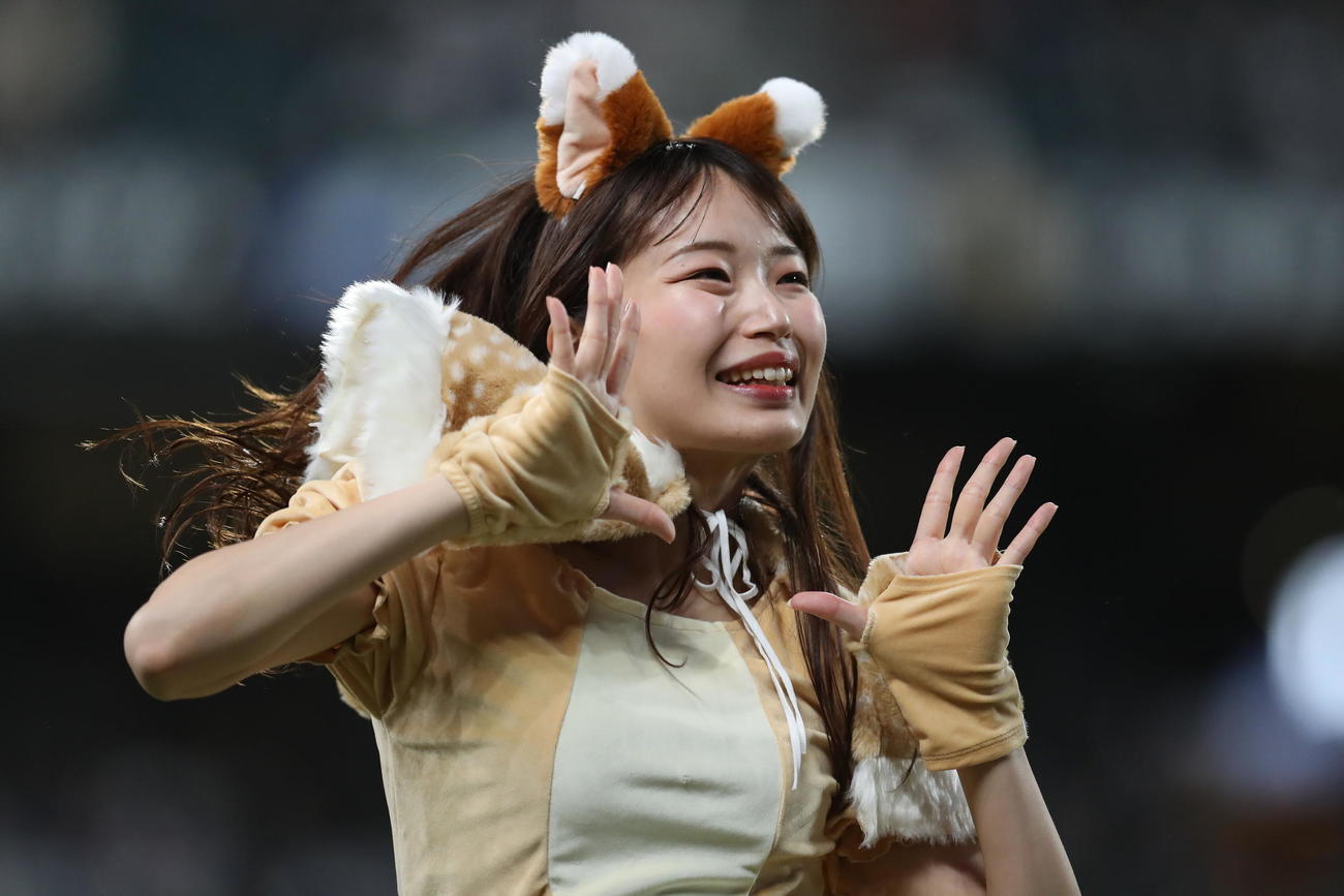 日本ハム対ソフトバンク　きつねダンスを踊るファイターズガールの辻菜穂子さん（撮影・黒川智章）