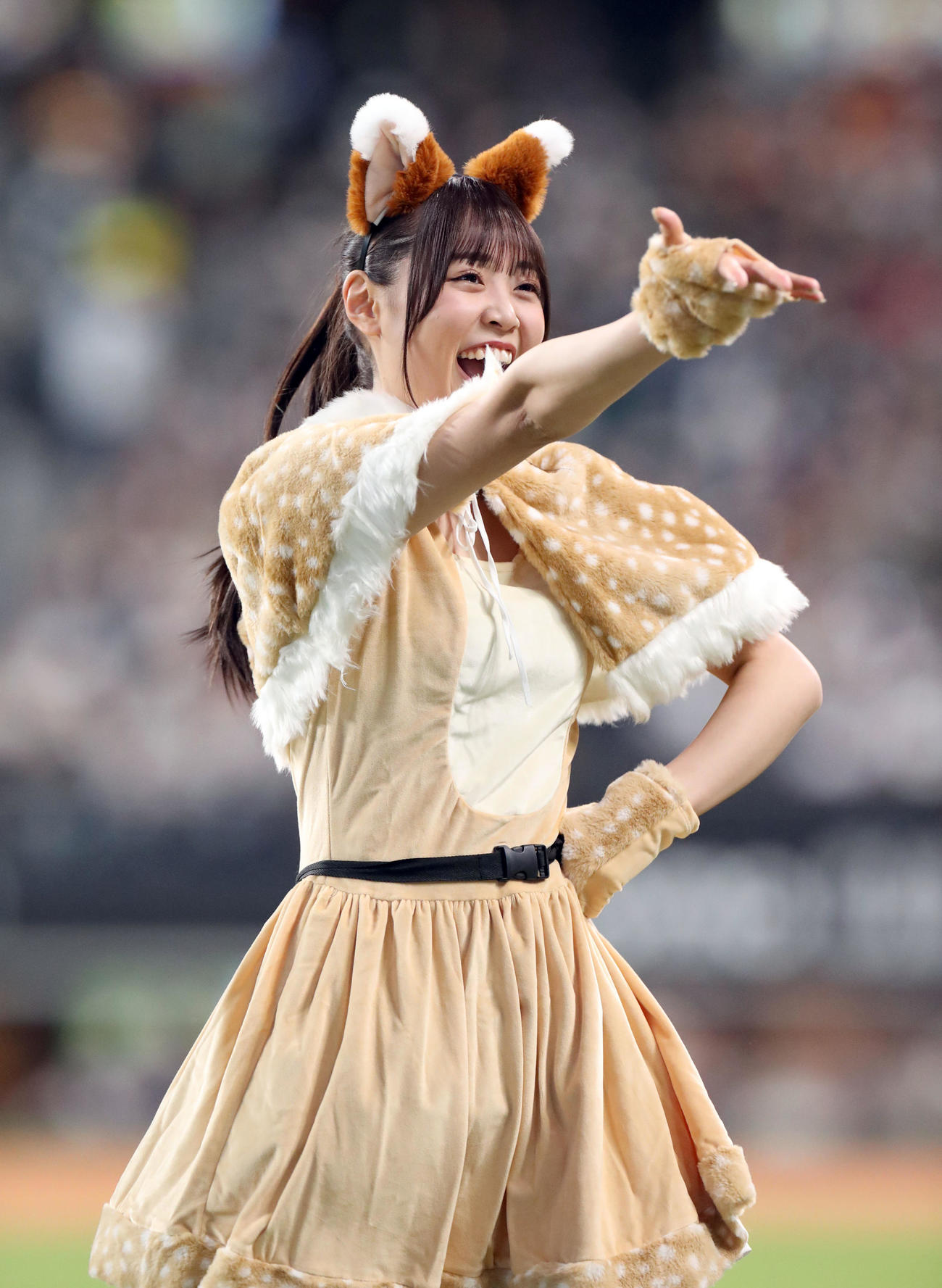 日本ハム対ソフトバンク　新コスチュームで「きつねダンス」を踊るファイターズガールの竹市琴美さん（撮影・佐藤翔太）