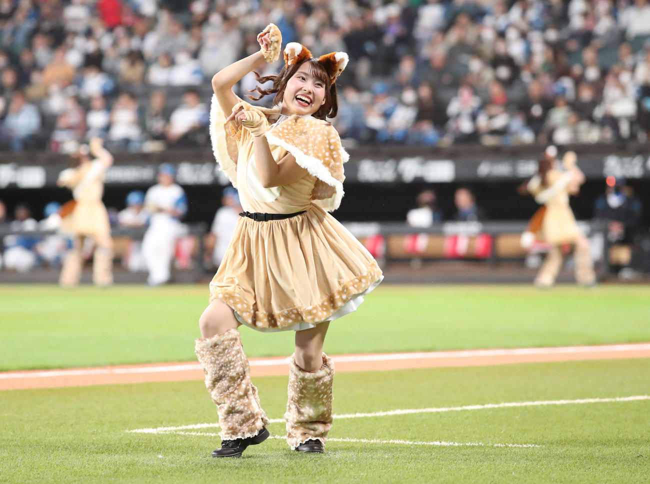 日本ハム対ソフトバンク　新コスチュームで「きつねダンス」を踊るファイターズガールの上村優菜さん（撮影・佐藤翔太）