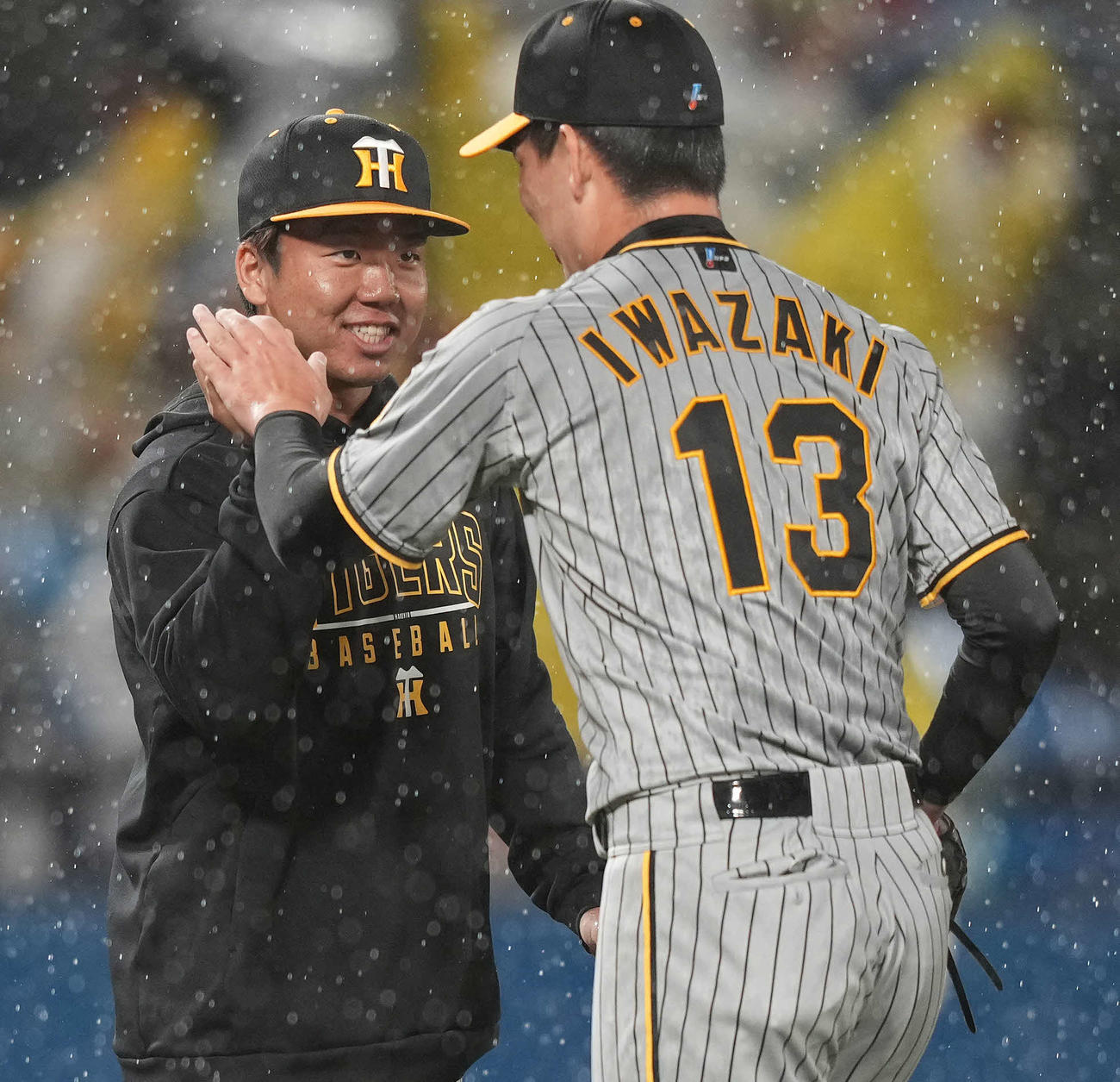ヤクルト対阪神　勝利投手の阪神村上（左）は岩崎からウイニングボールを受け取る（撮影・鈴木みどり）