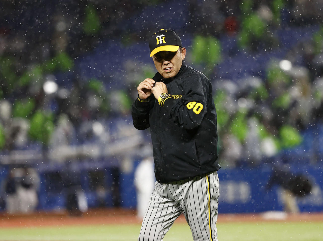 阪神対ヤクルト　ヤクルトに勝利し、雨の中引き揚げる阪神岡田監督（撮影・藤尾明華）