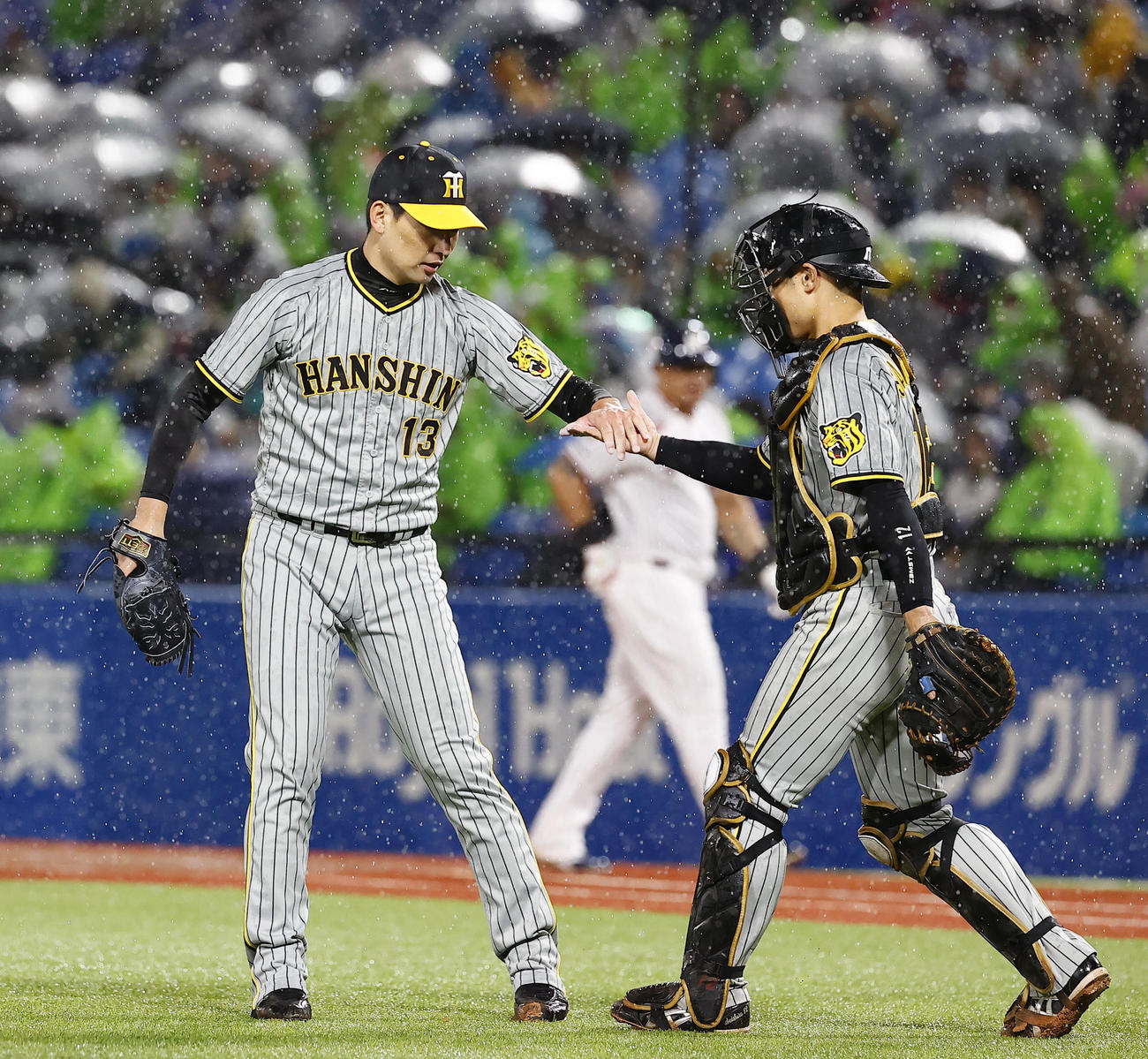 阪神対ヤクルト　ヤクルトに勝利し、タッチを交わす阪神岩崎（左）と捕手坂本（撮影・藤尾明華）