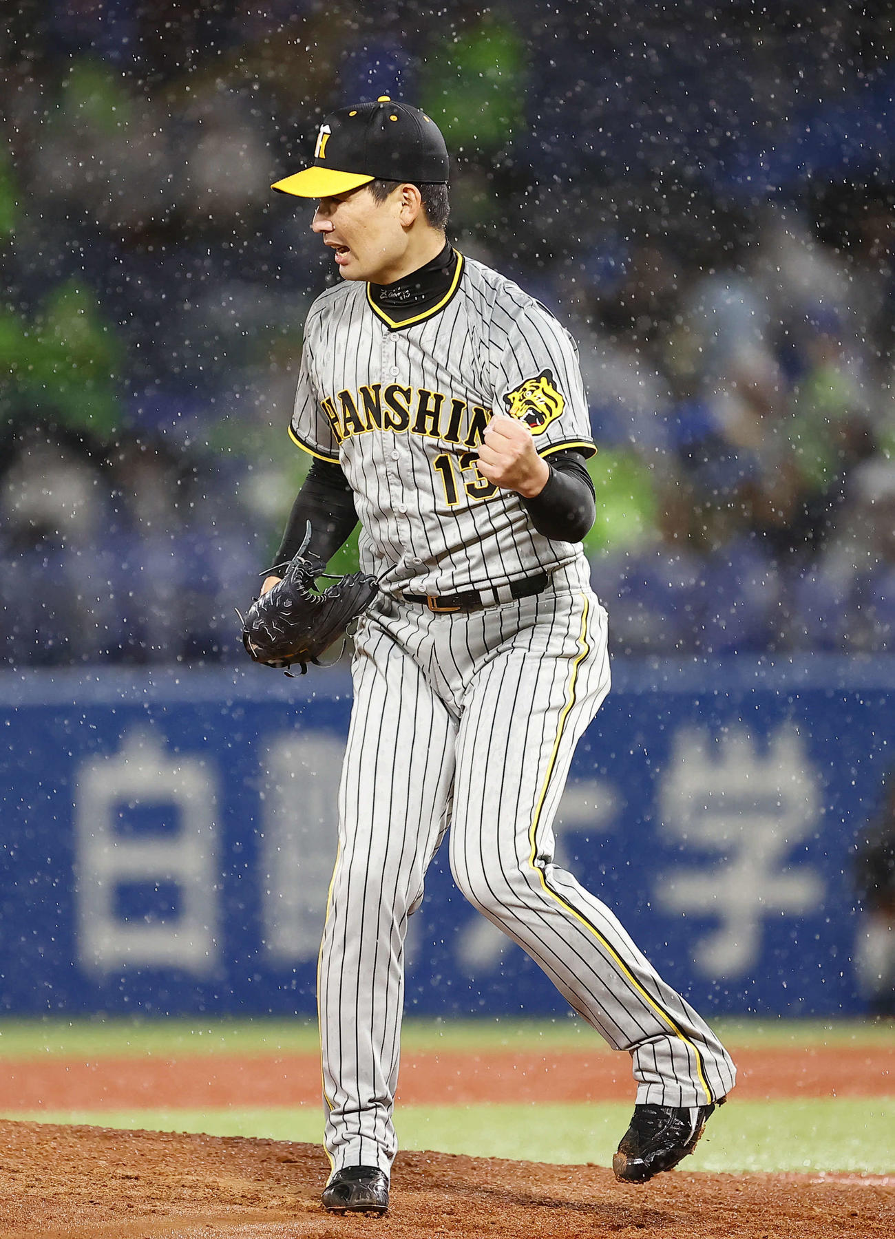 阪神対ヤクルト　ヤクルトに勝利し、ガッツポーズをする阪神岩崎（撮影・藤尾明華）