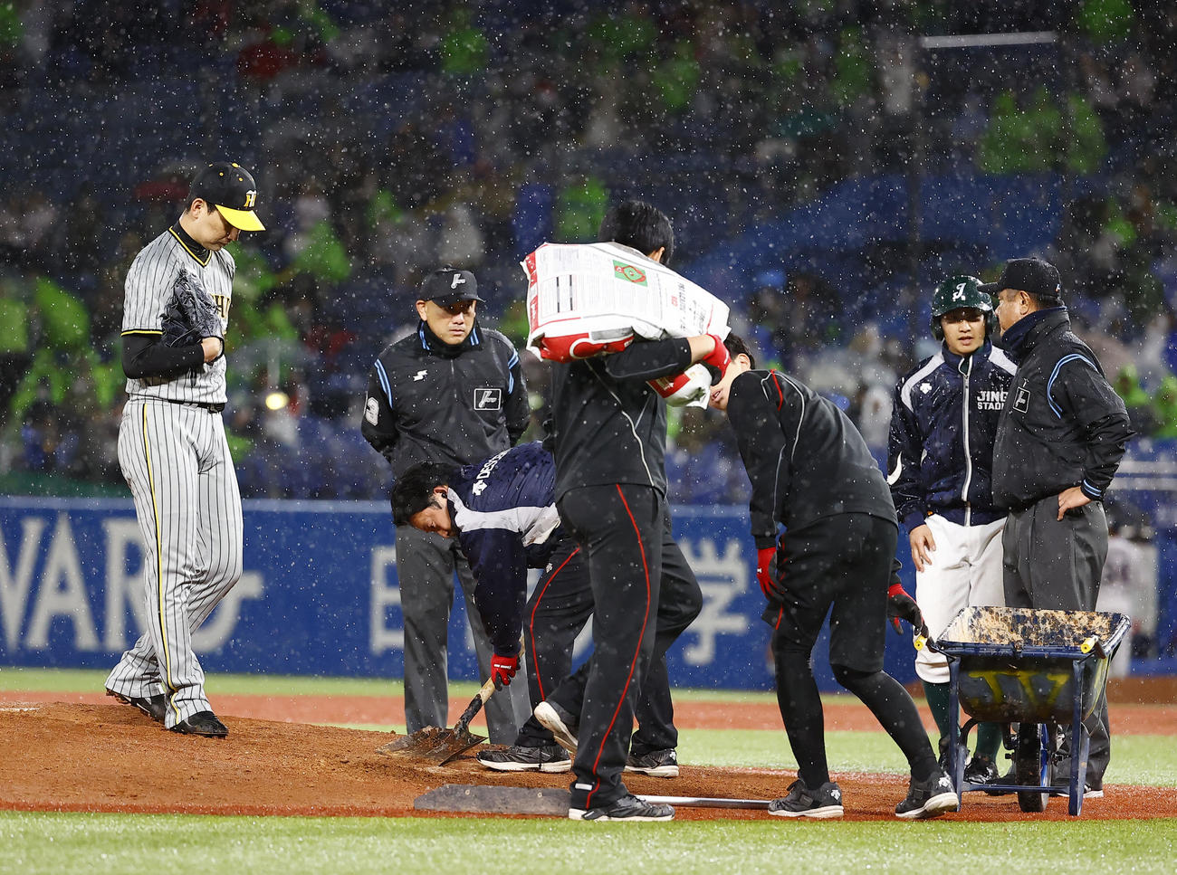 阪神対ヤクルト　9回裏ヤクルト2死一、三塁、マウンドの砂入れを見つめる阪神岩崎優（左端）（撮影・藤尾明華）