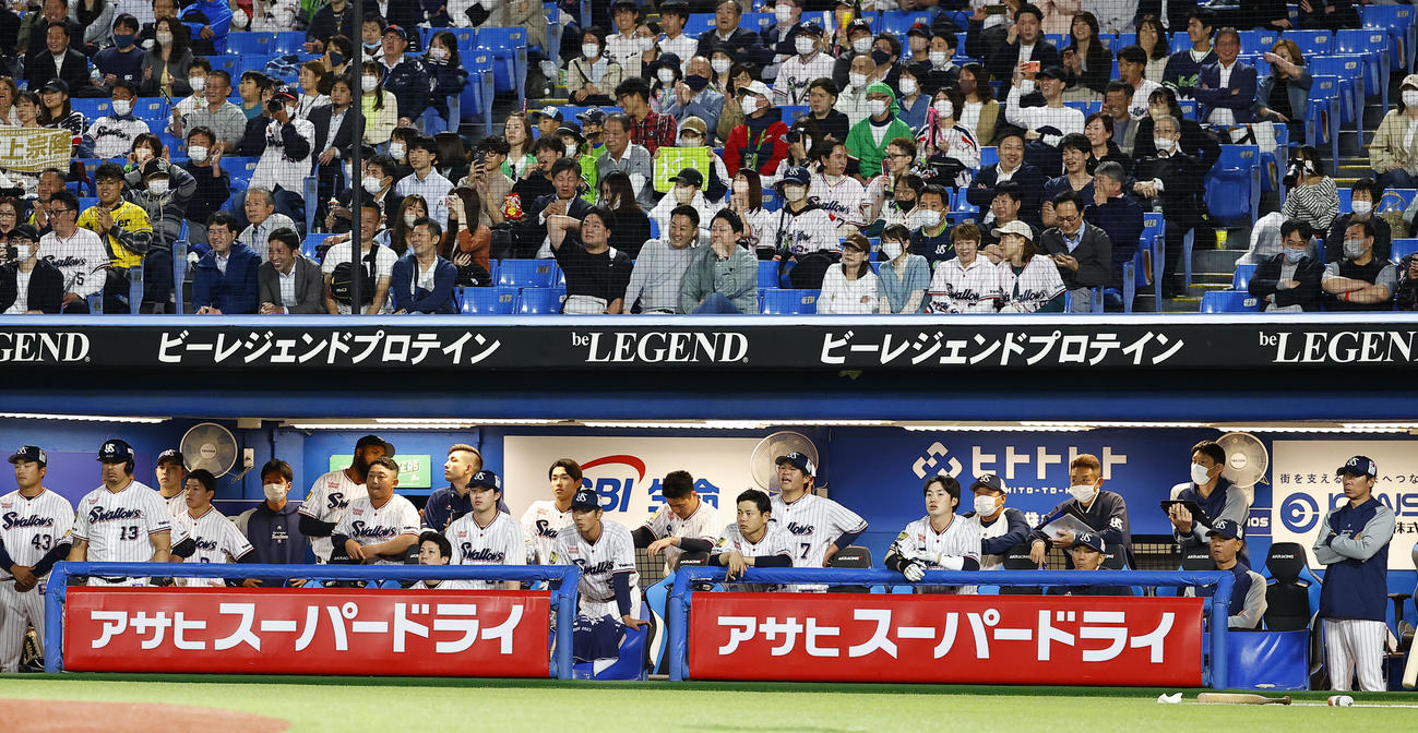 阪神対ヤクルト　9回裏ヤクルト2死、ベンチで厳しい表情の高津臣吾監督（右端）らヤクルトベンチ（撮影・藤尾明華）
